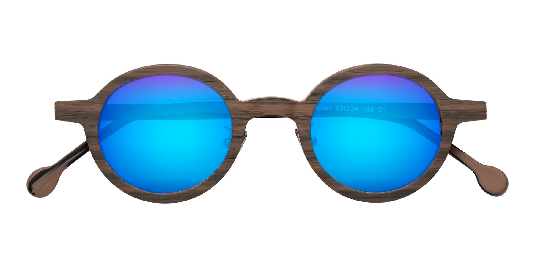 Folded Front of Timber in Burnt Tan Woodgrain with Blue Mirrored Lenses