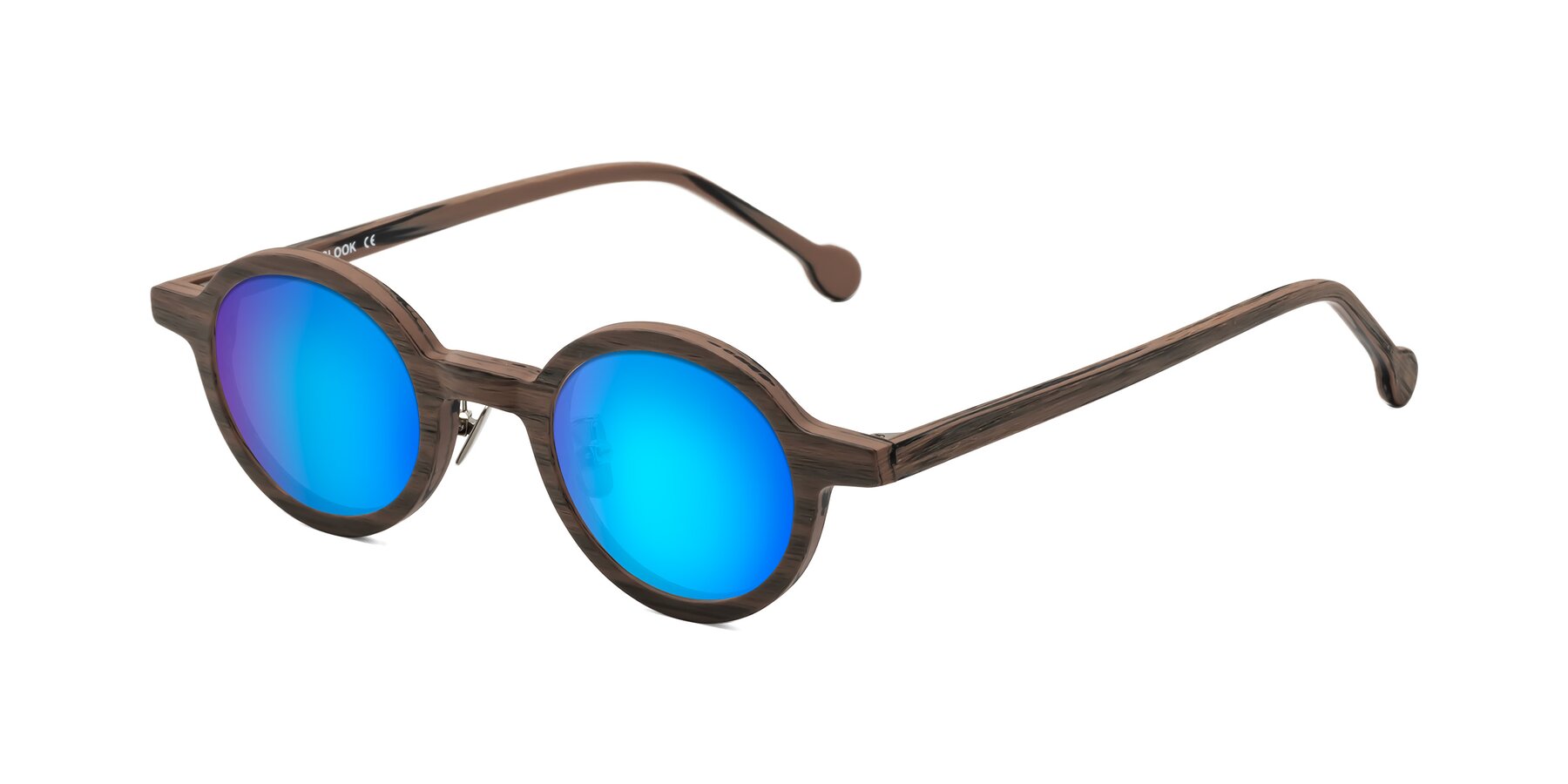 Angle of Timber in Burnt Tan Woodgrain with Blue Mirrored Lenses