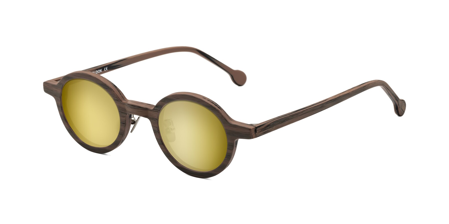 Angle of Timber in Burnt Tan Woodgrain with Gold Mirrored Lenses