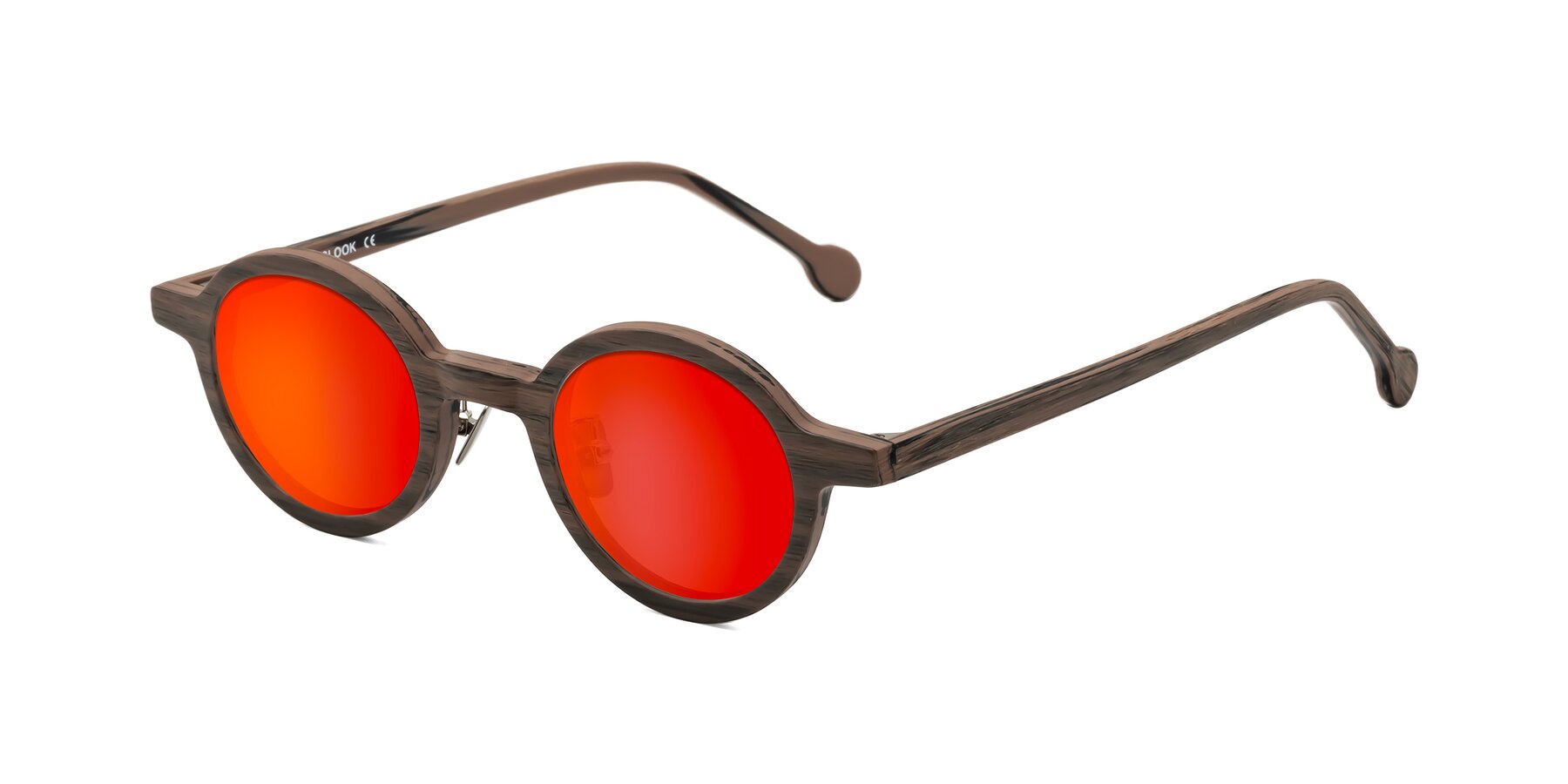 Angle of Timber in Burnt Tan Woodgrain with Red Gold Mirrored Lenses