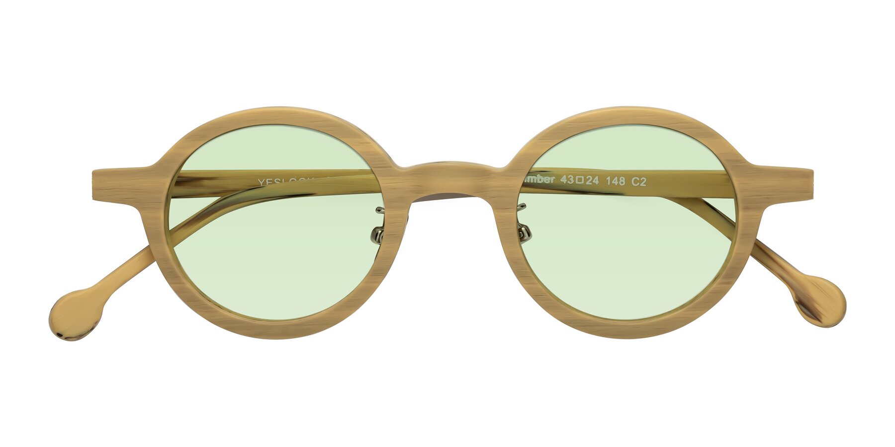 Folded Front of Timber in Egg Yolk Woodgrain with Light Green Tinted Lenses