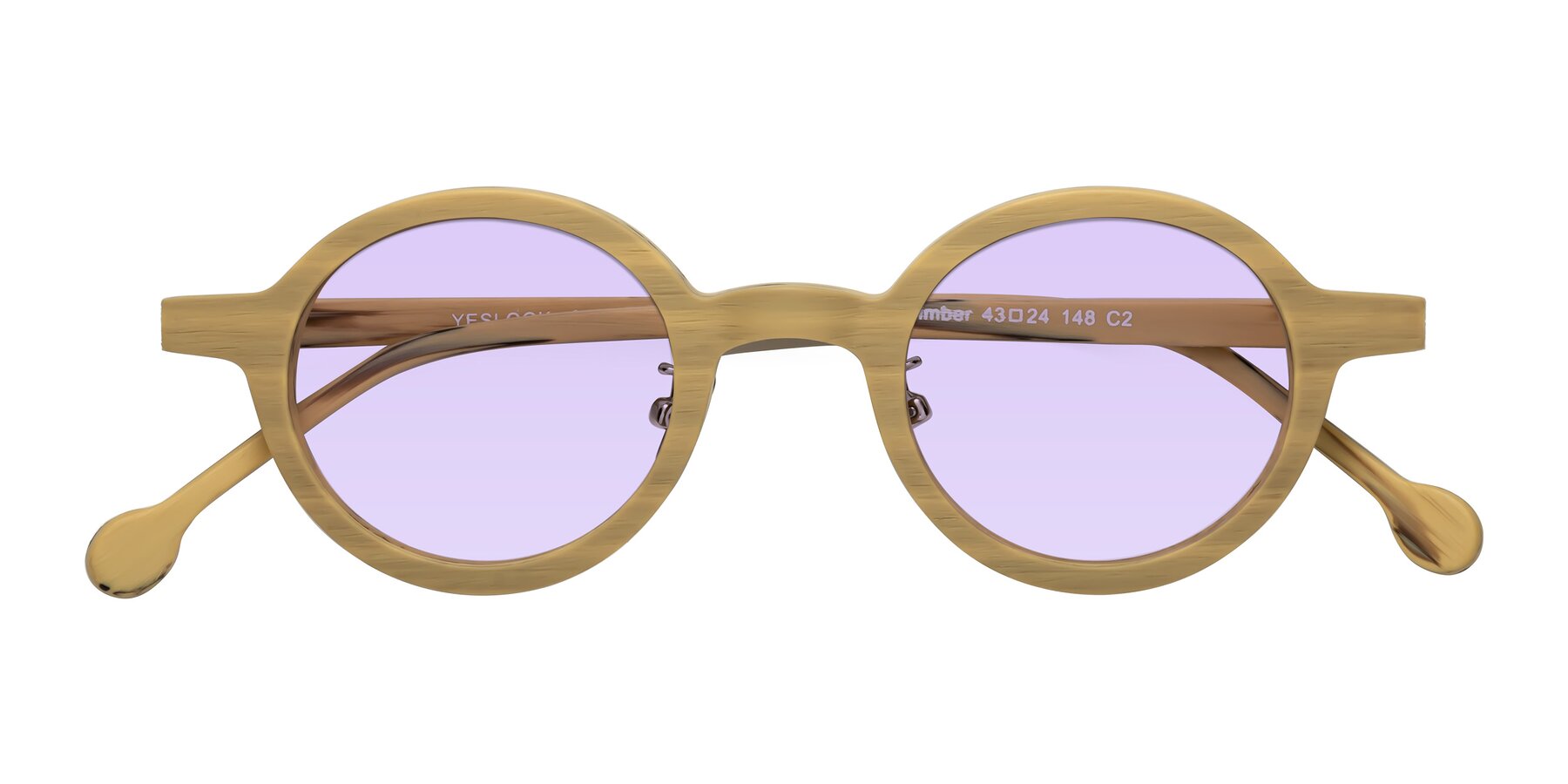 Folded Front of Timber in Egg Yolk Woodgrain with Light Purple Tinted Lenses