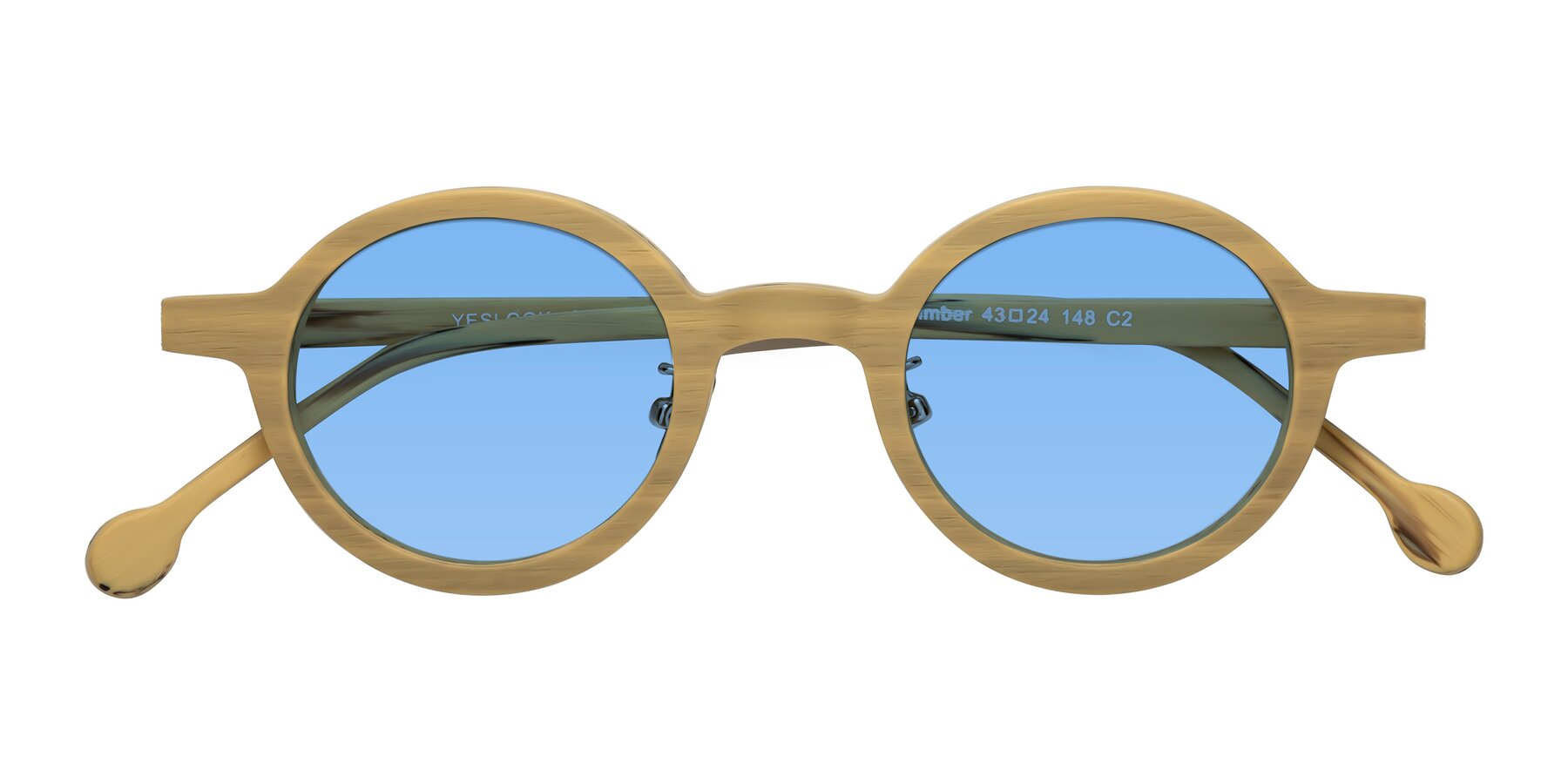 Folded Front of Timber in Egg Yolk Woodgrain with Medium Blue Tinted Lenses