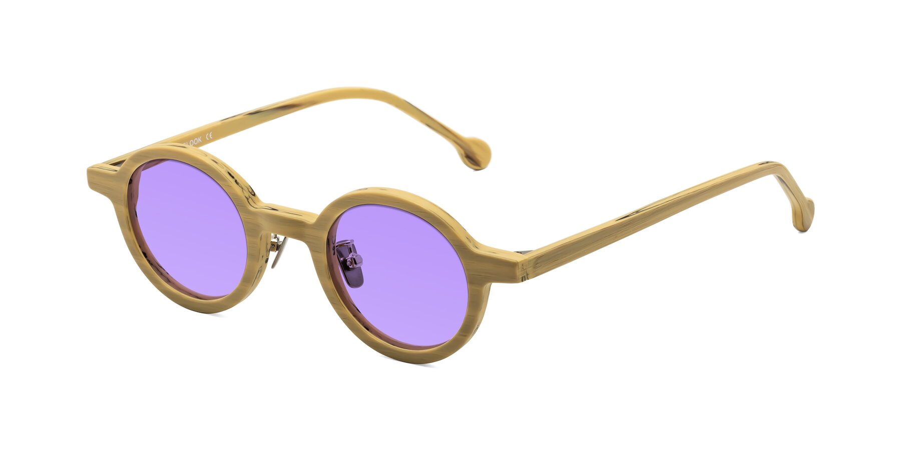 Angle of Timber in Egg Yolk Woodgrain with Medium Purple Tinted Lenses