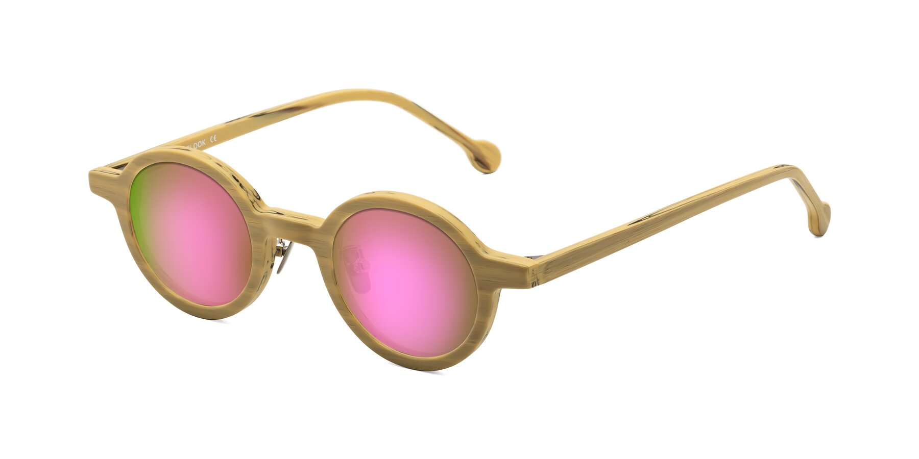 Angle of Timber in Egg Yolk Woodgrain with Pink Mirrored Lenses