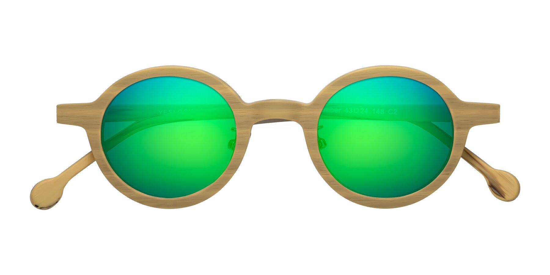 Folded Front of Timber in Egg Yolk Woodgrain with Green Mirrored Lenses