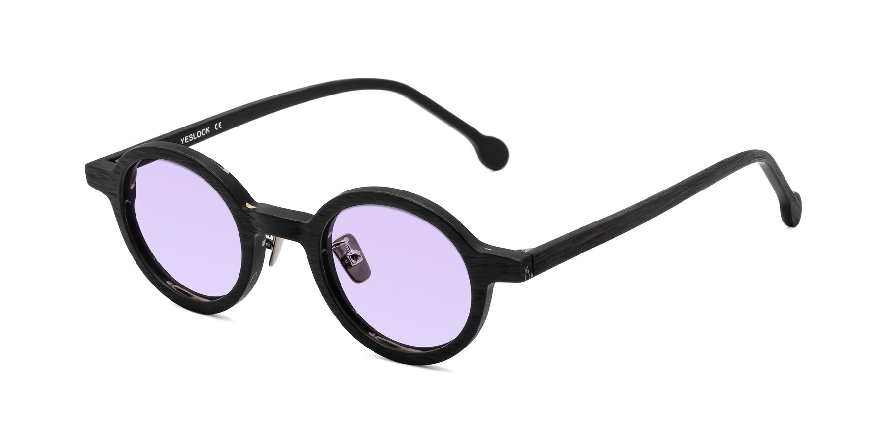 Angle of Timber in Black Woodgrain with Light Purple Tinted Lenses