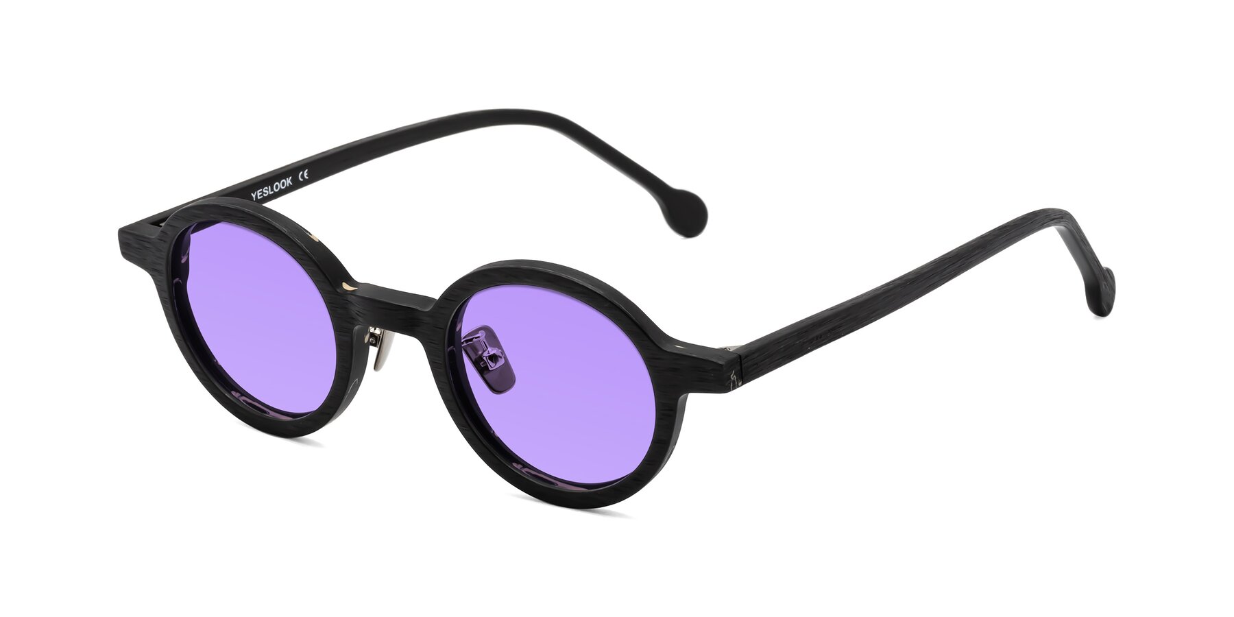 Angle of Timber in Black Woodgrain with Medium Purple Tinted Lenses