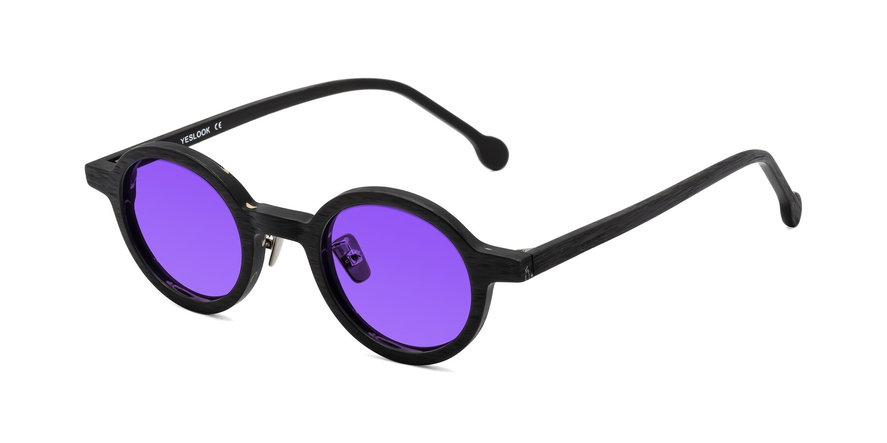 Angle of Timber in Black Woodgrain with Purple Tinted Lenses