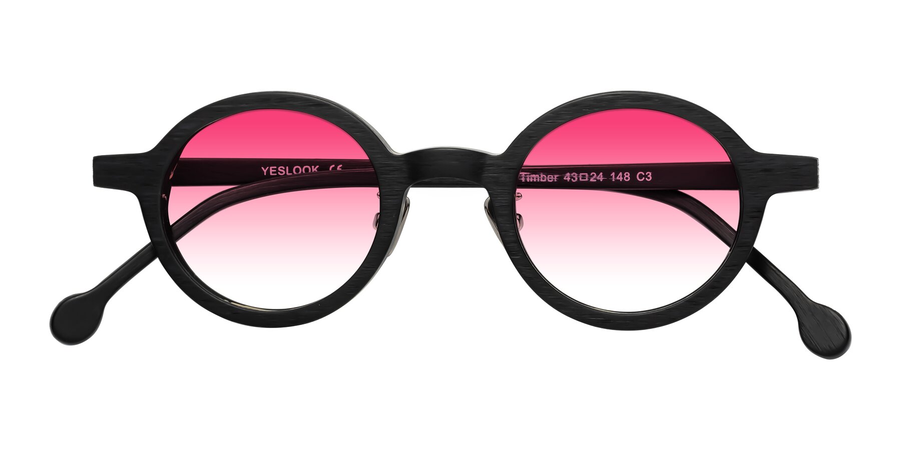 Folded Front of Timber in Black Woodgrain with Pink Gradient Lenses