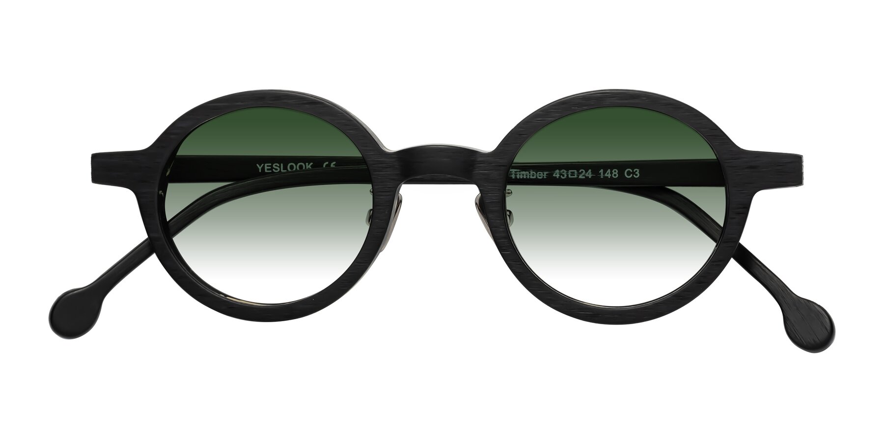 Folded Front of Timber in Black Woodgrain with Green Gradient Lenses