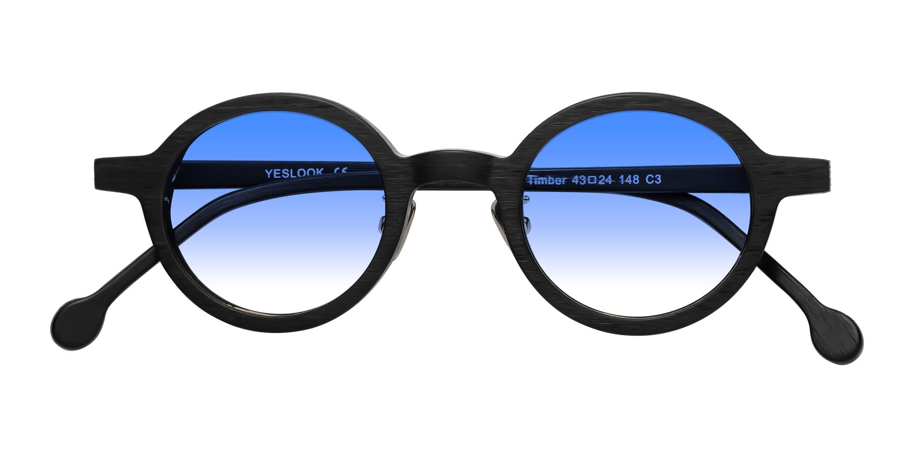 Folded Front of Timber in Black Woodgrain with Blue Gradient Lenses