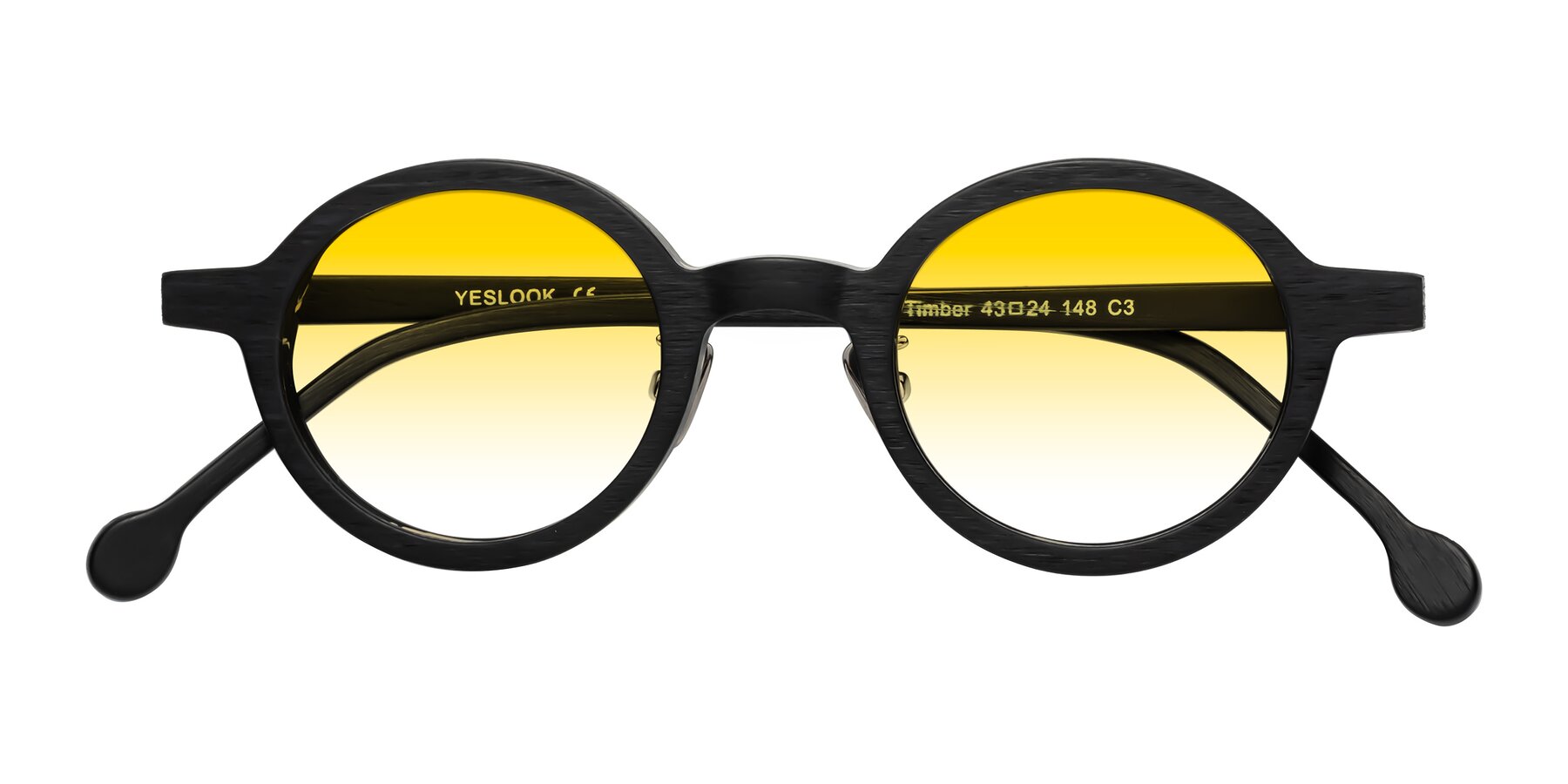 Folded Front of Timber in Black Woodgrain with Yellow Gradient Lenses