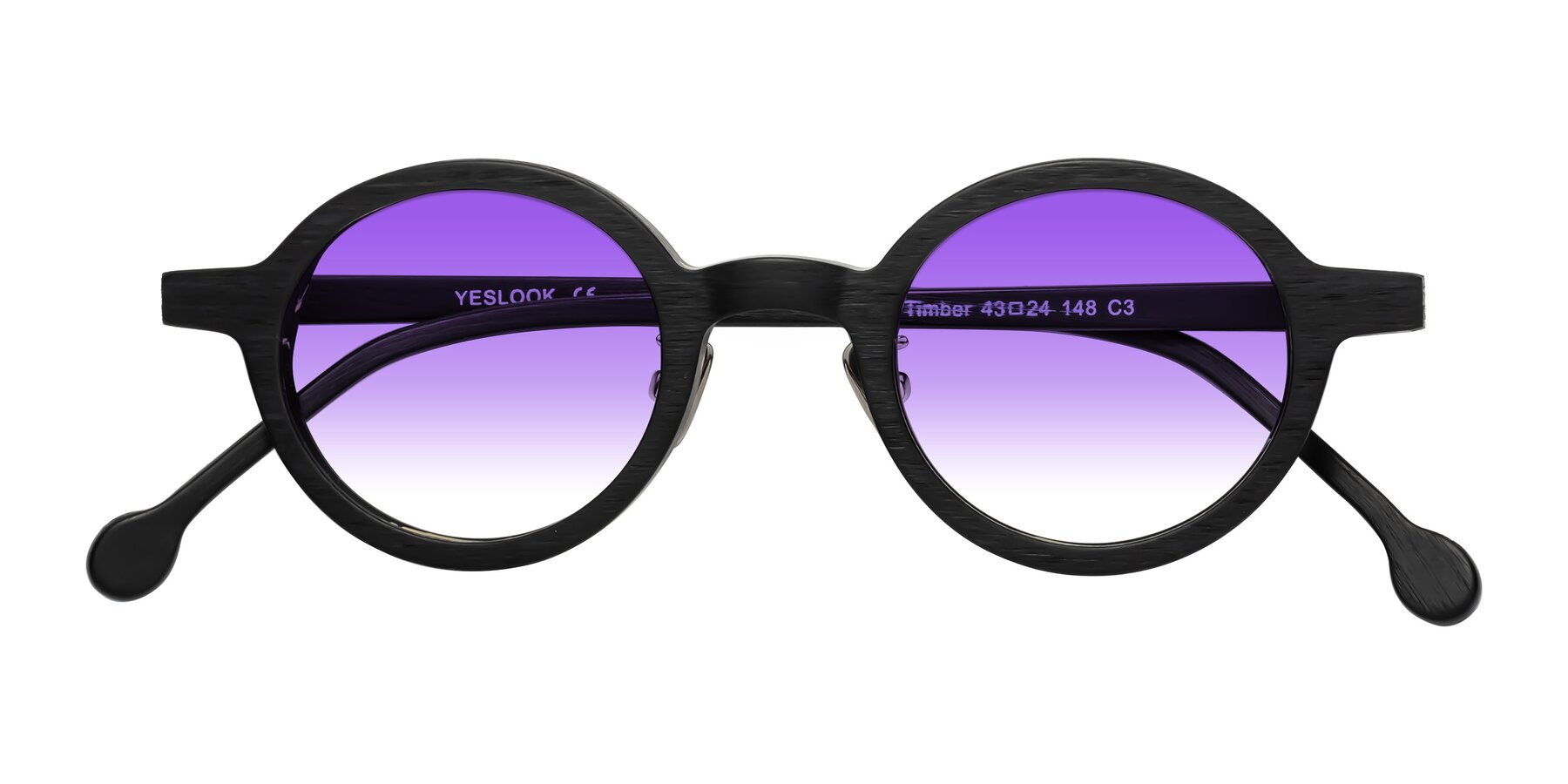 Folded Front of Timber in Black Woodgrain with Purple Gradient Lenses