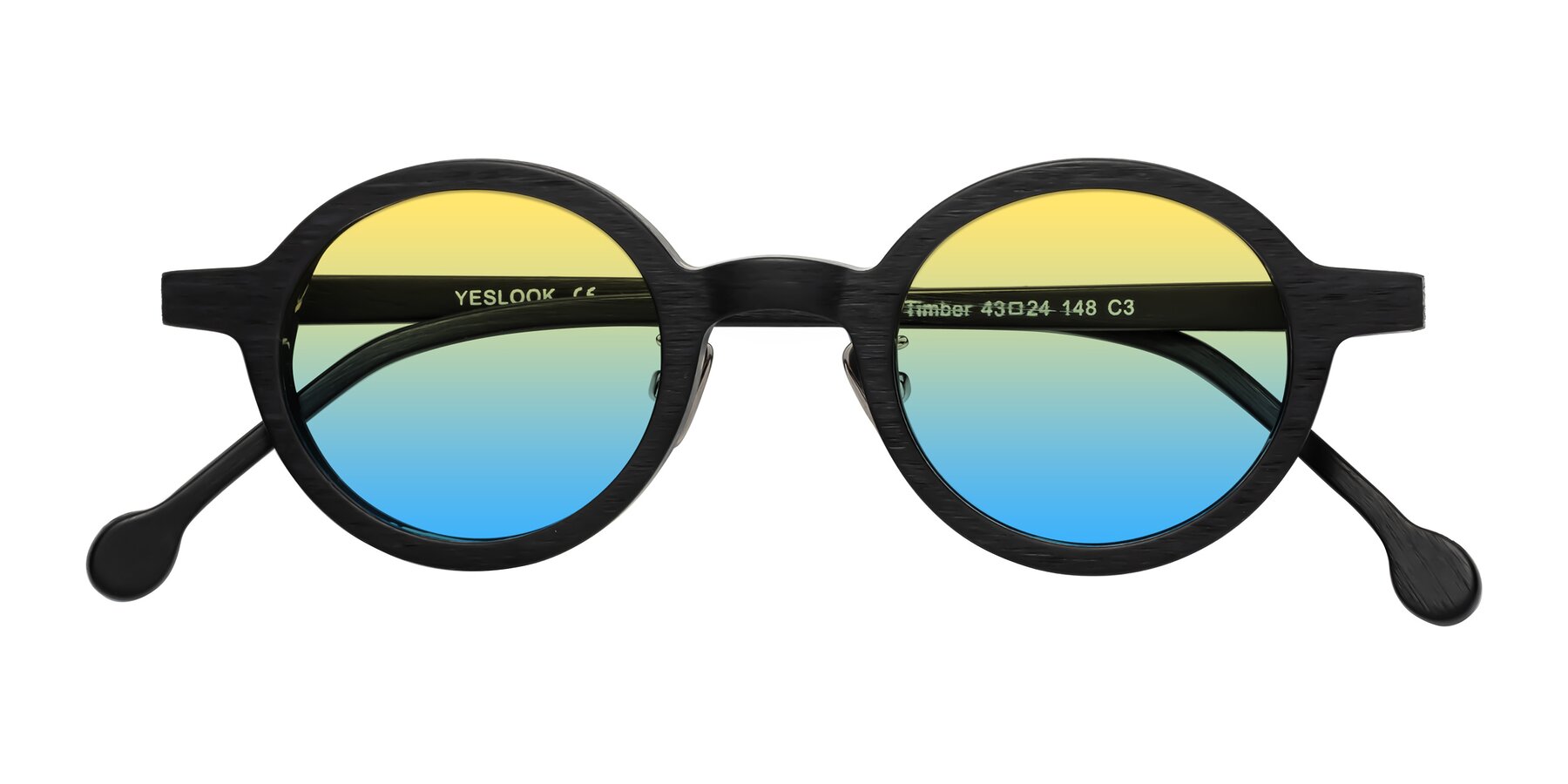 Folded Front of Timber in Black Woodgrain with Yellow / Blue Gradient Lenses