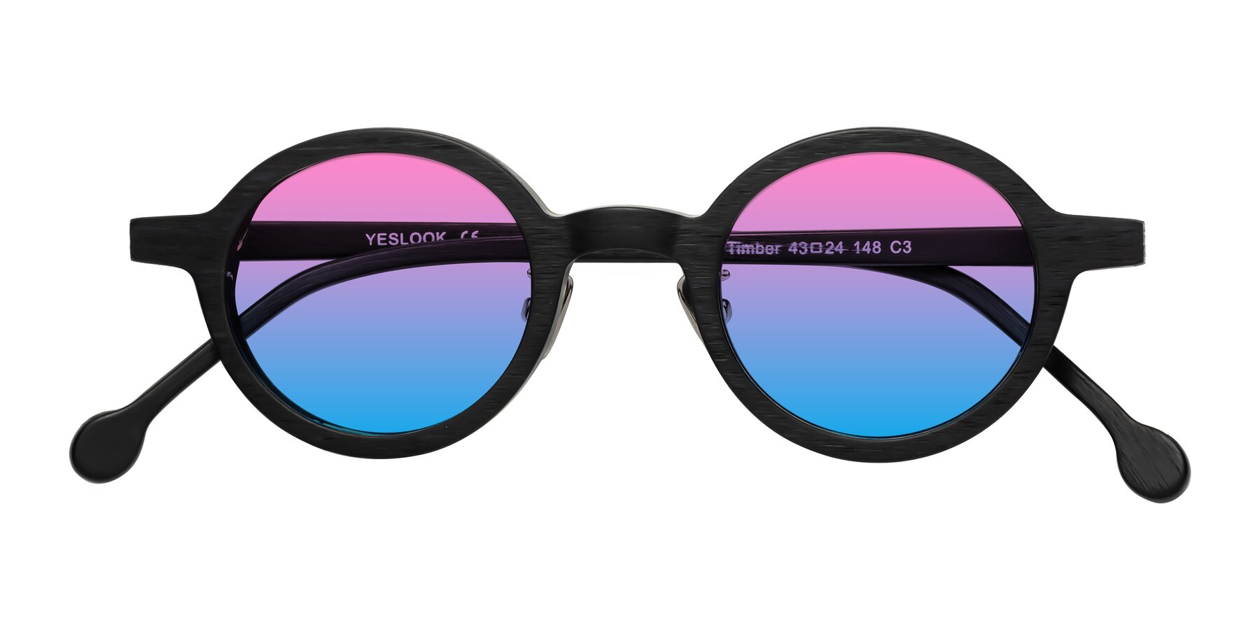 Folded Front of Timber in Black Woodgrain with Pink / Blue Gradient Lenses