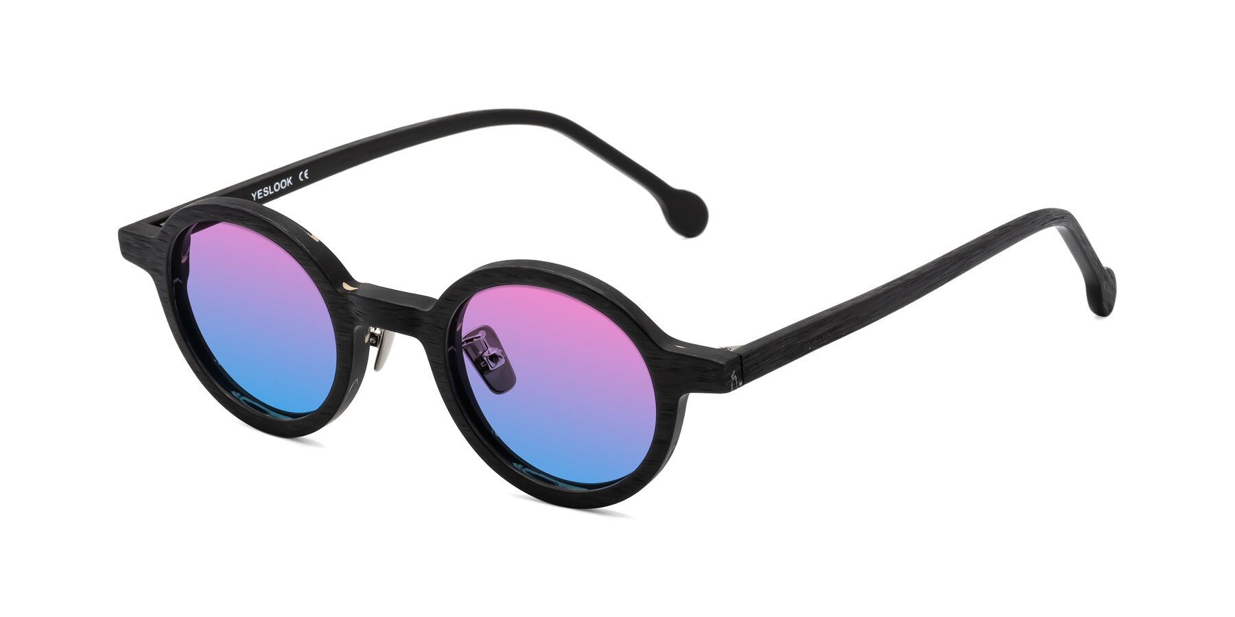 Angle of Timber in Black Woodgrain with Pink / Blue Gradient Lenses