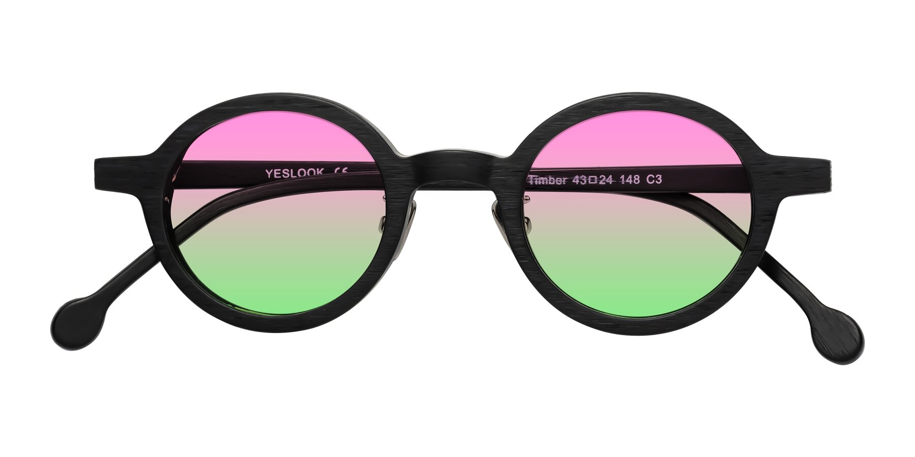 Folded Front of Timber in Black Woodgrain with Pink / Green Gradient Lenses