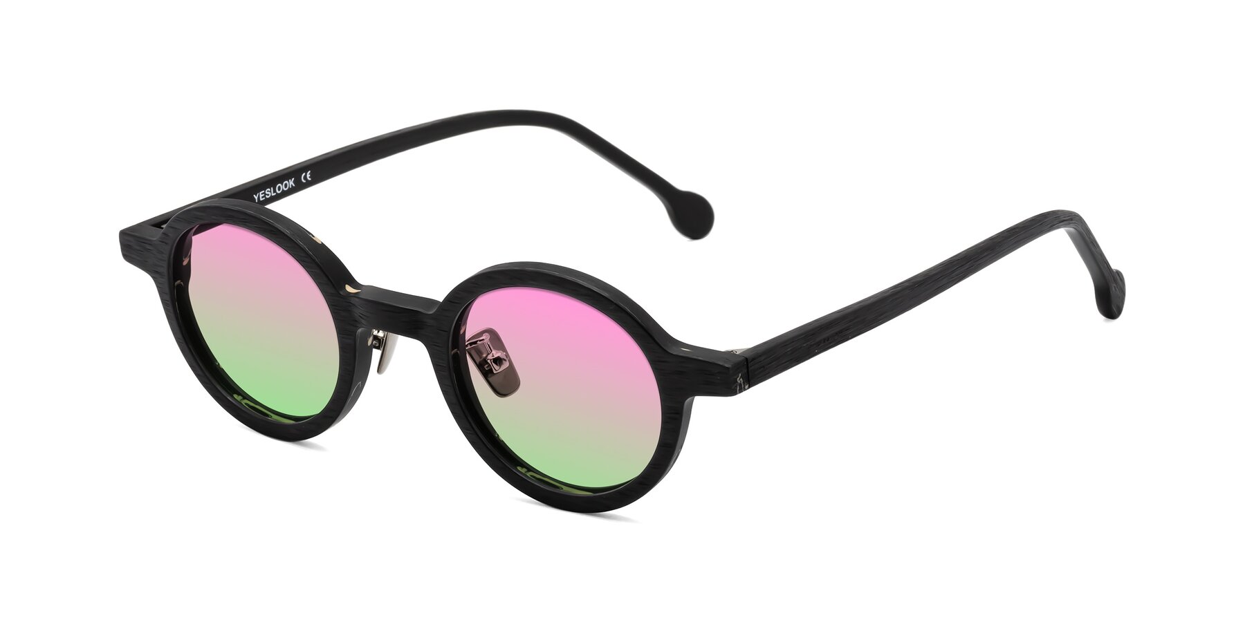 Angle of Timber in Black Woodgrain with Pink / Green Gradient Lenses