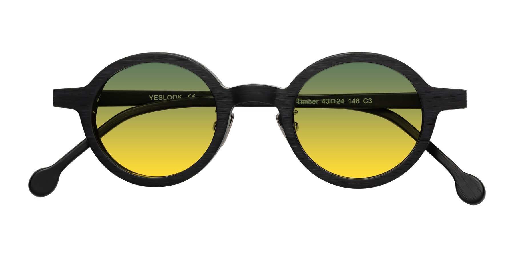 Folded Front of Timber in Black Woodgrain with Green / Yellow Gradient Lenses