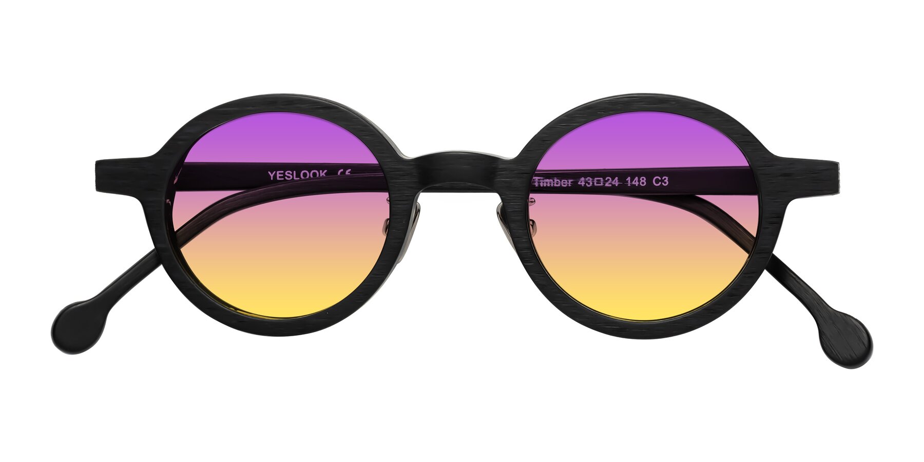 Folded Front of Timber in Black Woodgrain with Purple / Yellow Gradient Lenses