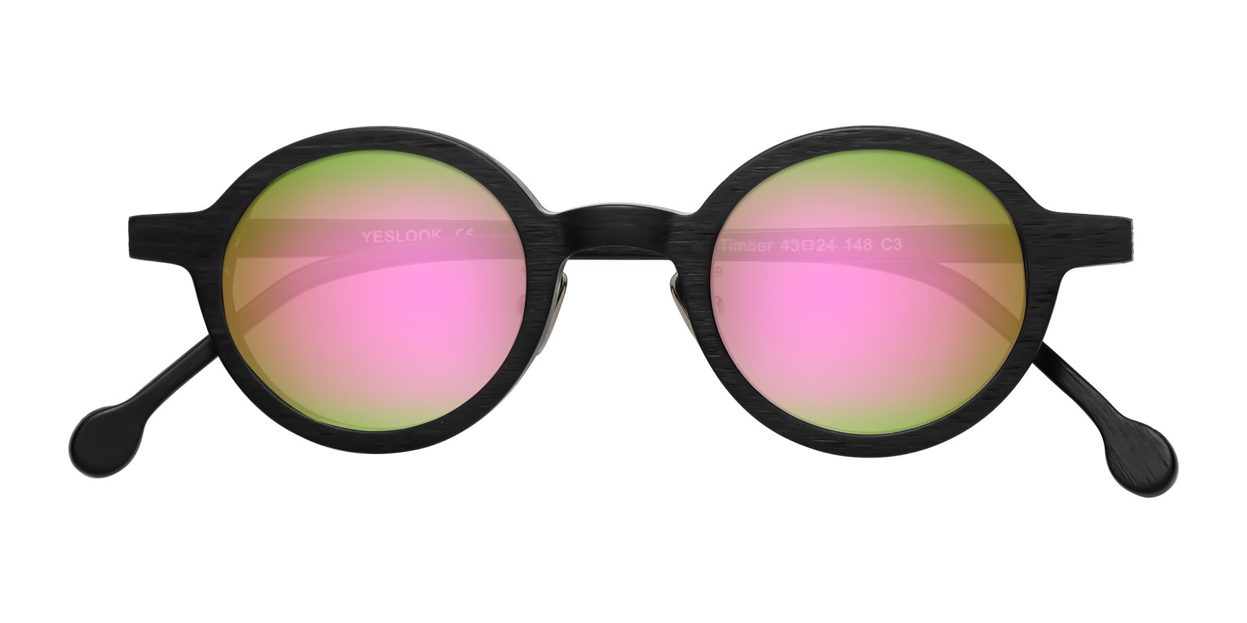 Folded Front of Timber in Black Woodgrain with Pink Mirrored Lenses