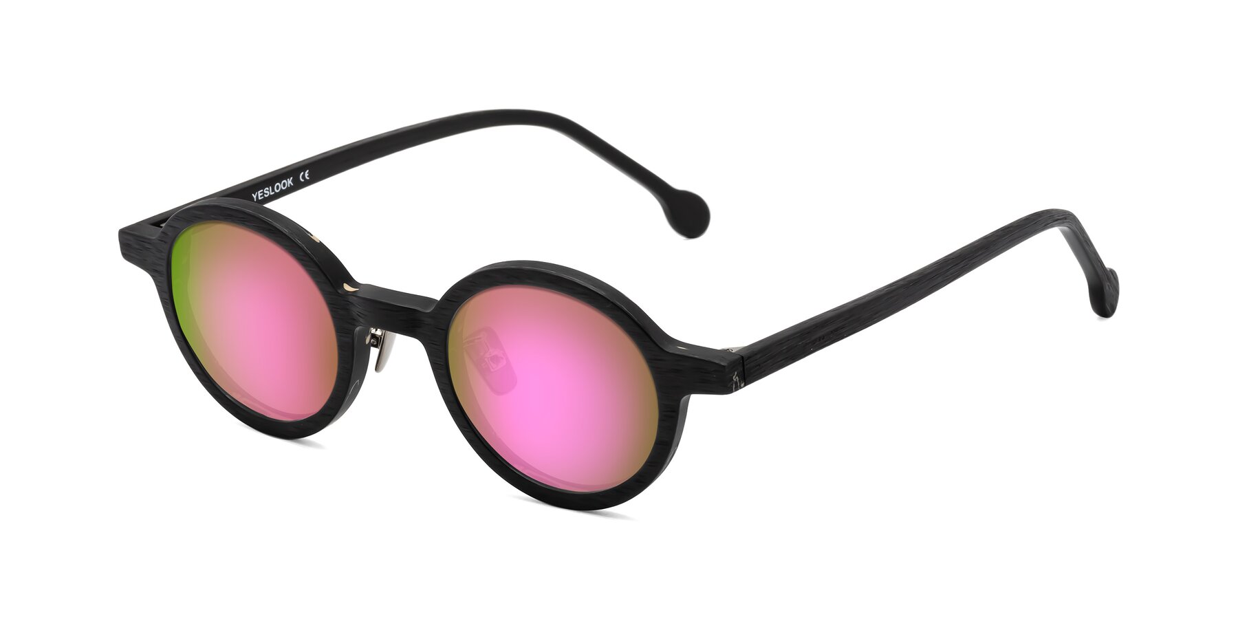 Angle of Timber in Black Woodgrain with Pink Mirrored Lenses