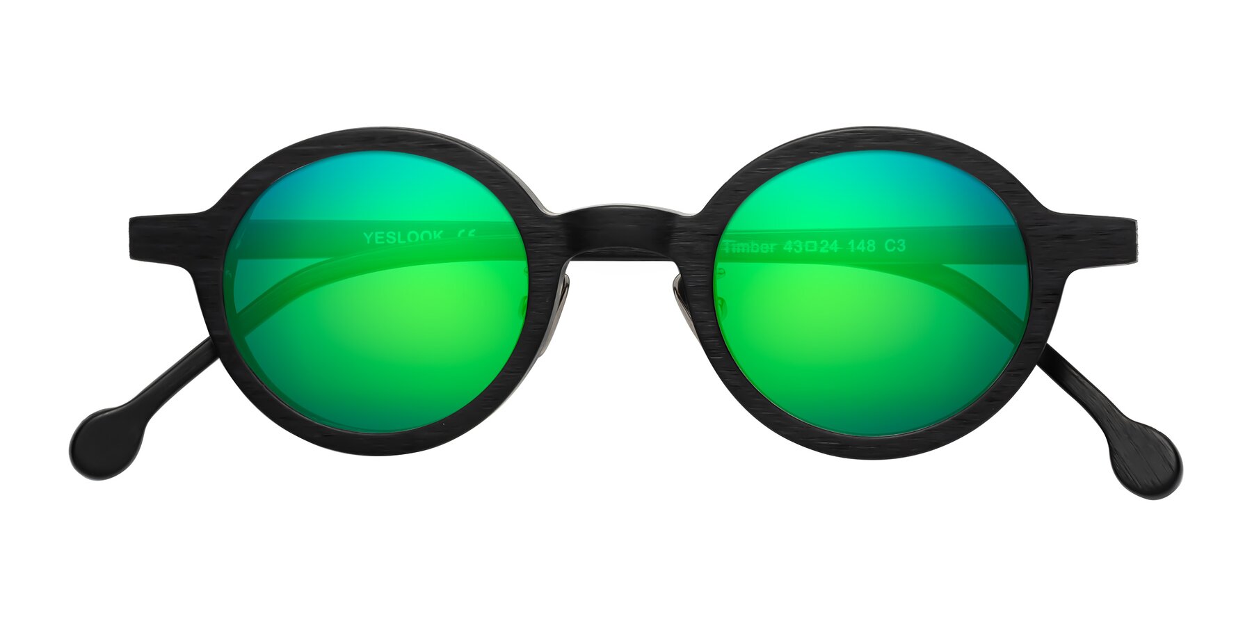 Folded Front of Timber in Black Woodgrain with Green Mirrored Lenses