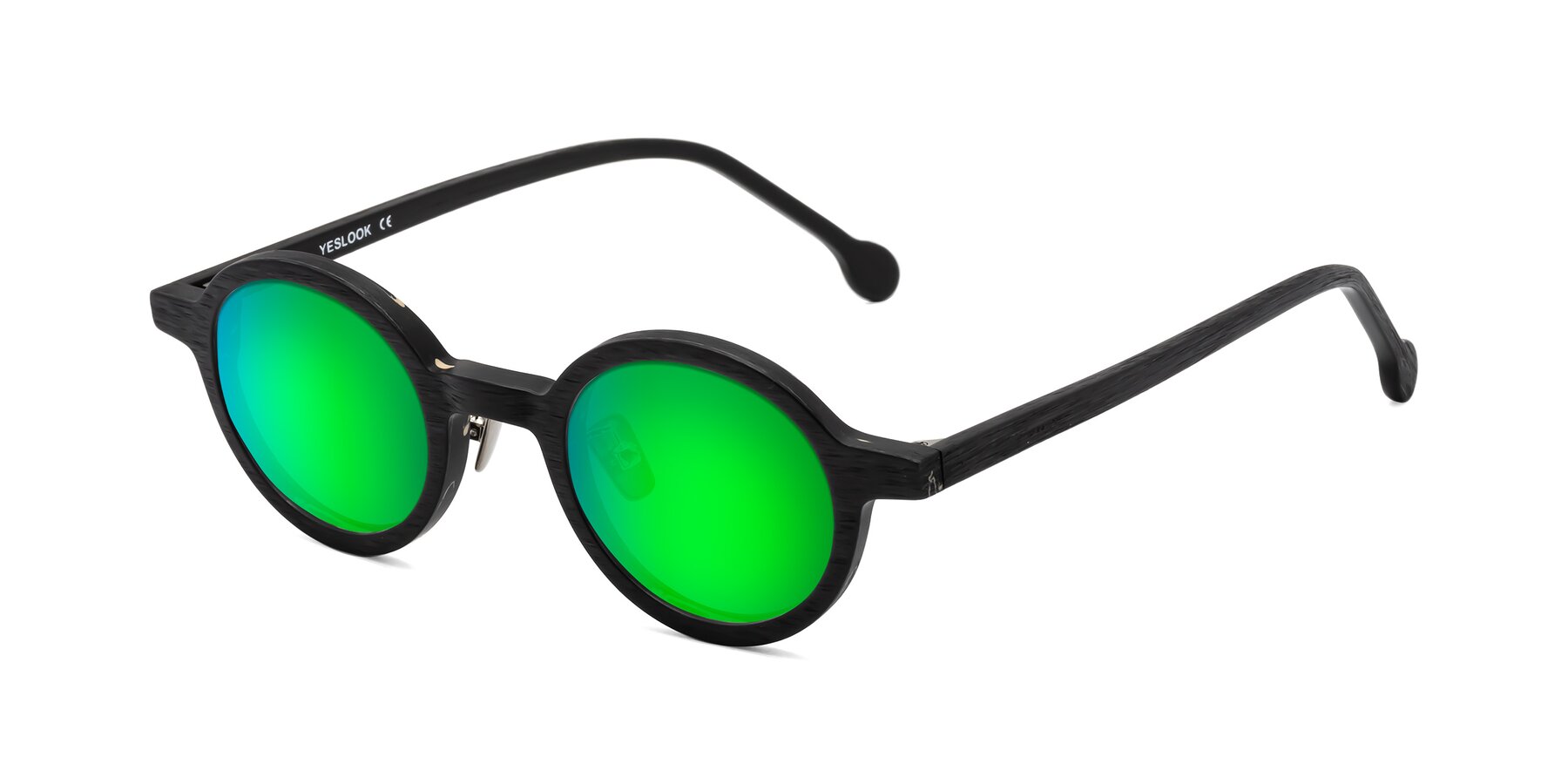 Angle of Timber in Black Woodgrain with Green Mirrored Lenses