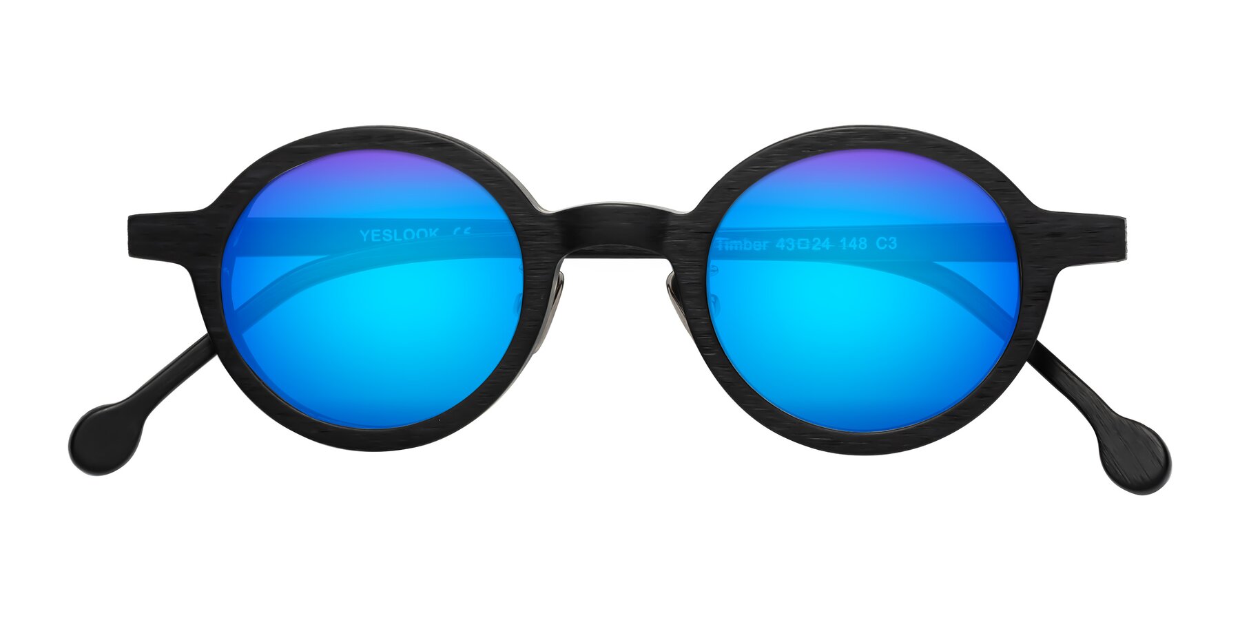 Folded Front of Timber in Black Woodgrain with Blue Mirrored Lenses