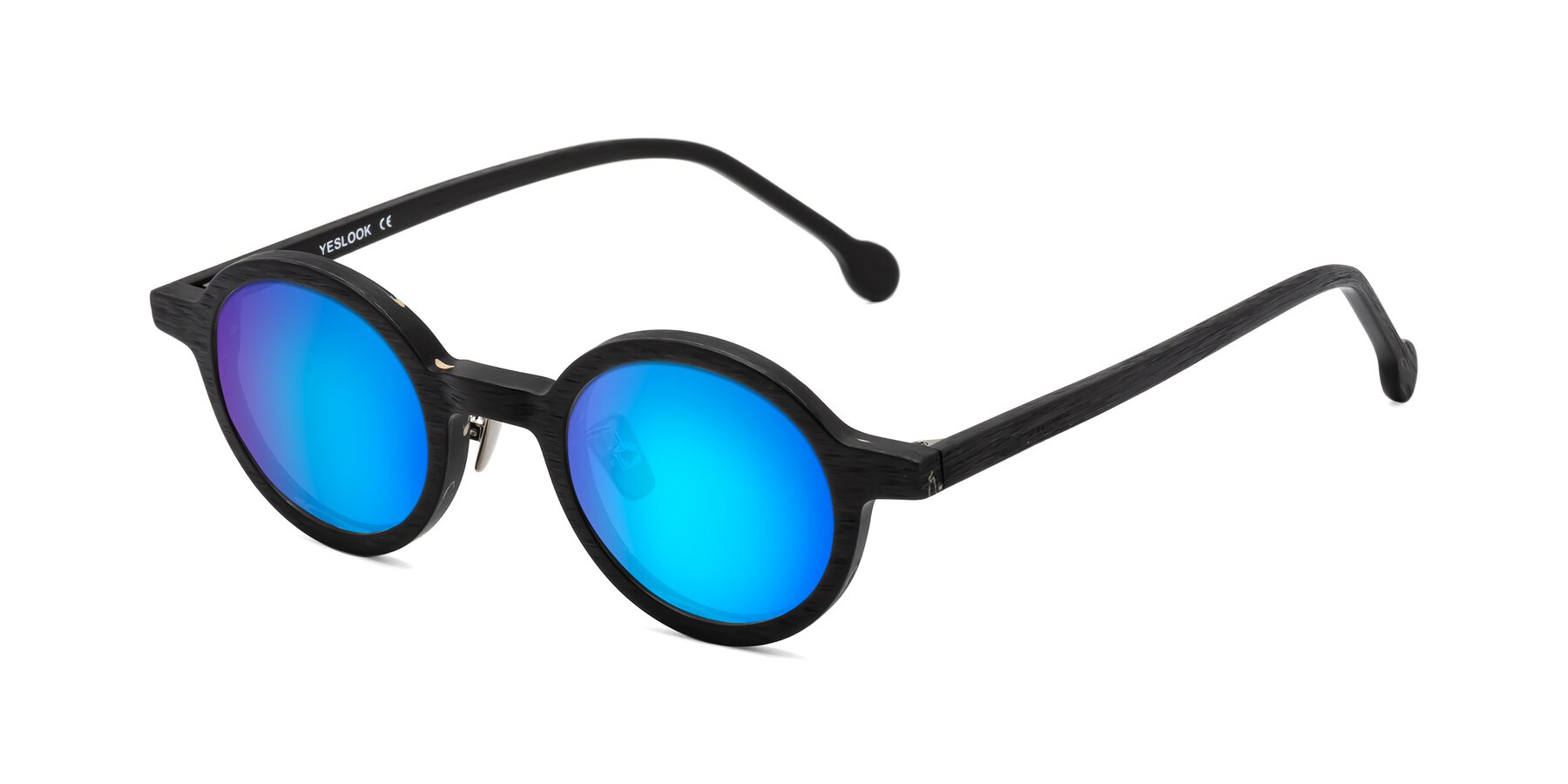 Angle of Timber in Black Woodgrain with Blue Mirrored Lenses