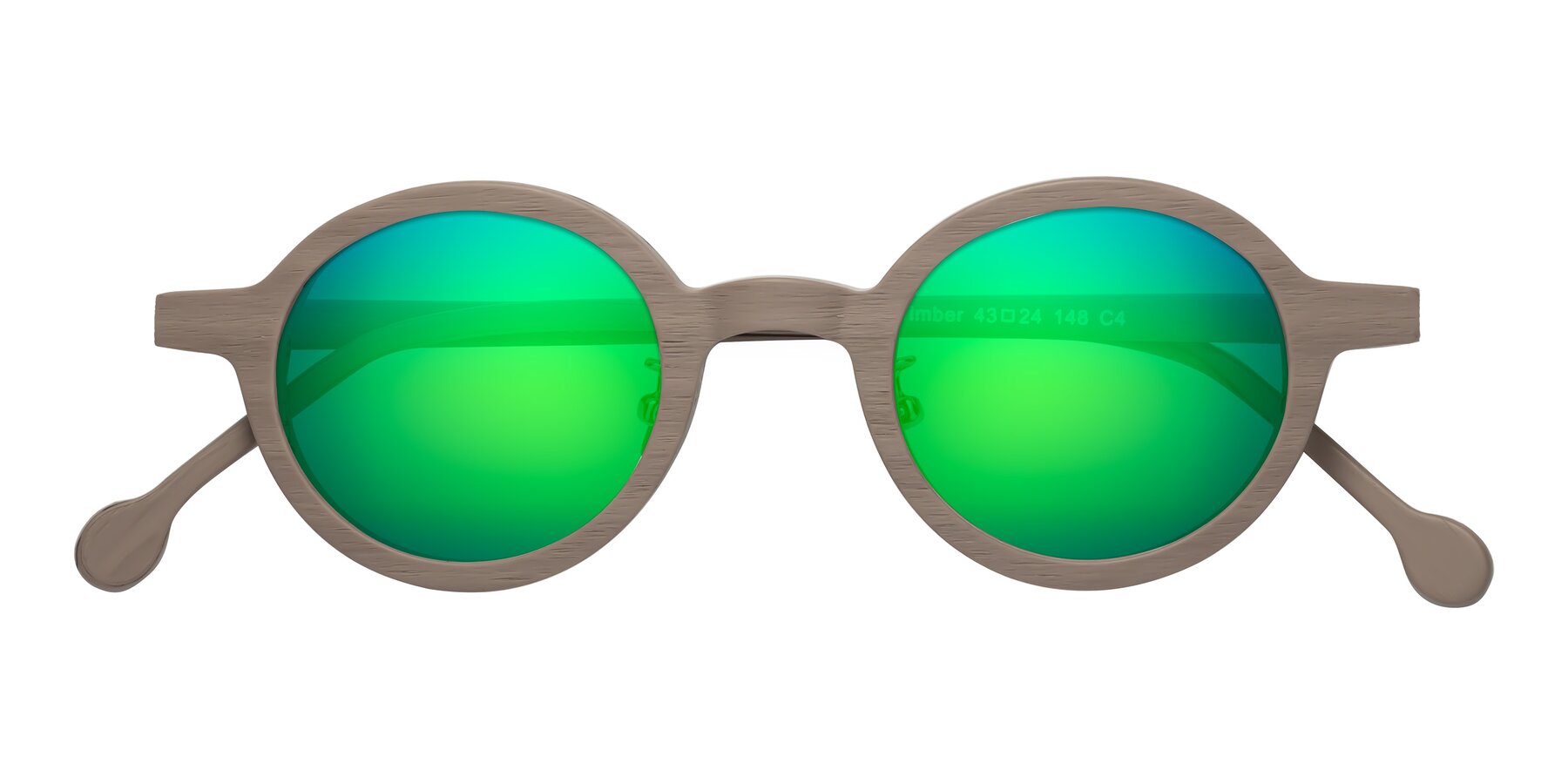 Folded Front of Timber in Pale Mauve Woodgrain with Green Mirrored Lenses