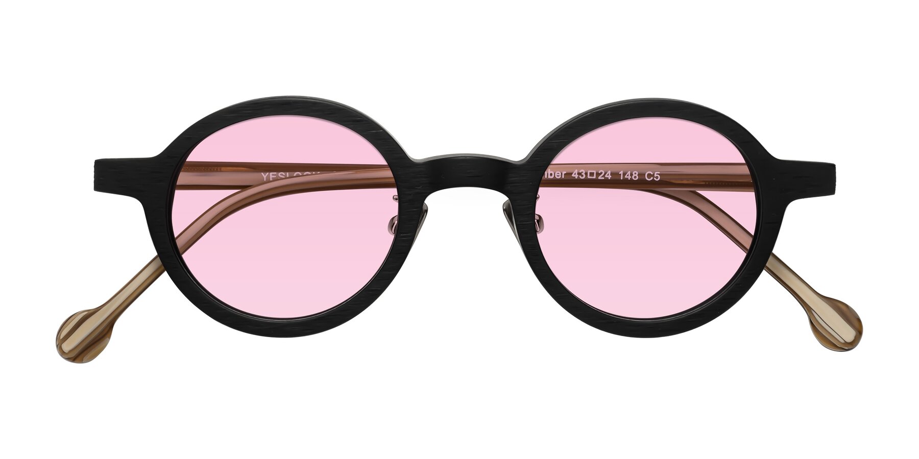 Folded Front of Timber in Black-Sugar Woodgrain with Light Pink Tinted Lenses