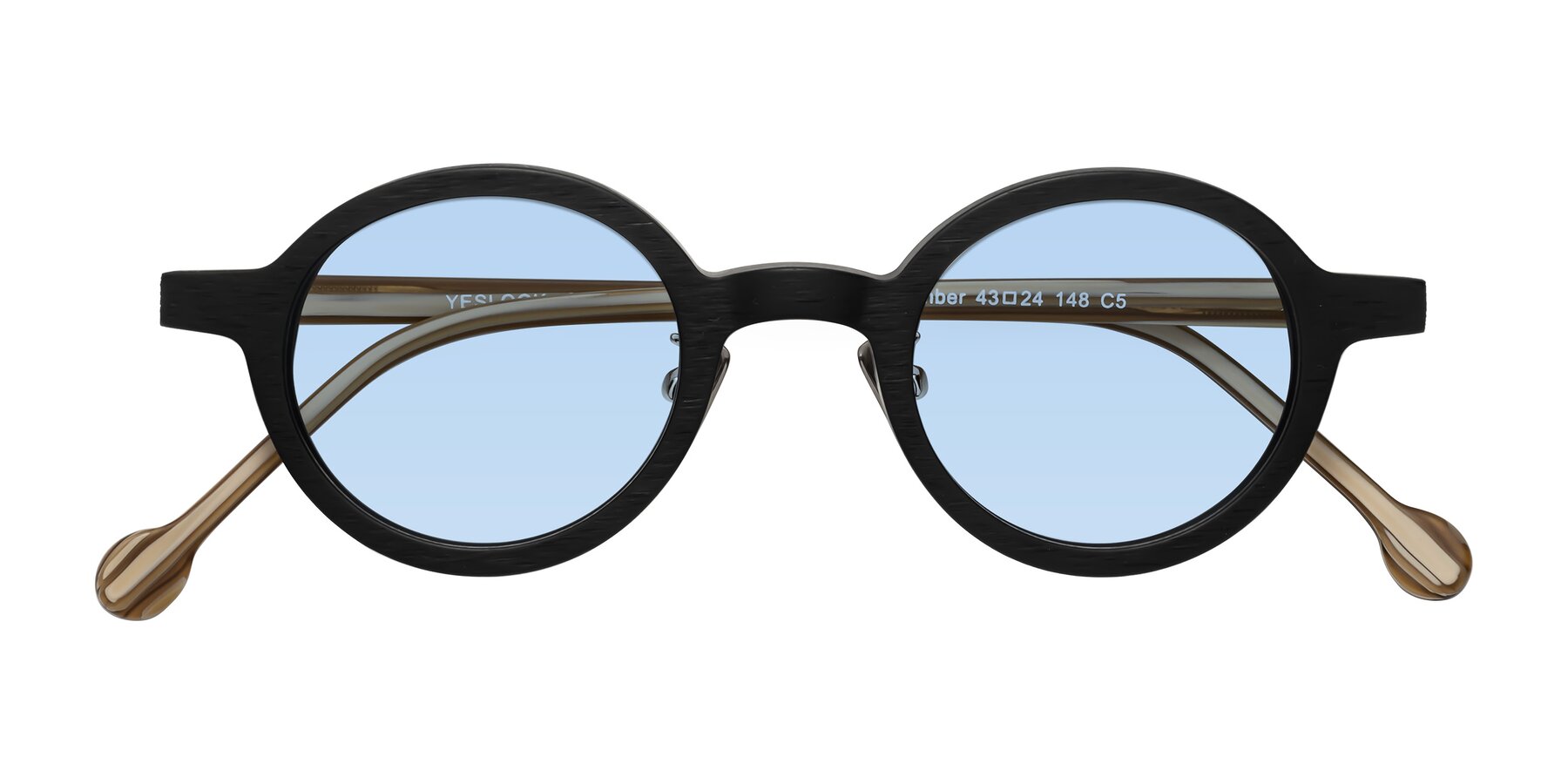 Folded Front of Timber in Black-Sugar Woodgrain with Light Blue Tinted Lenses