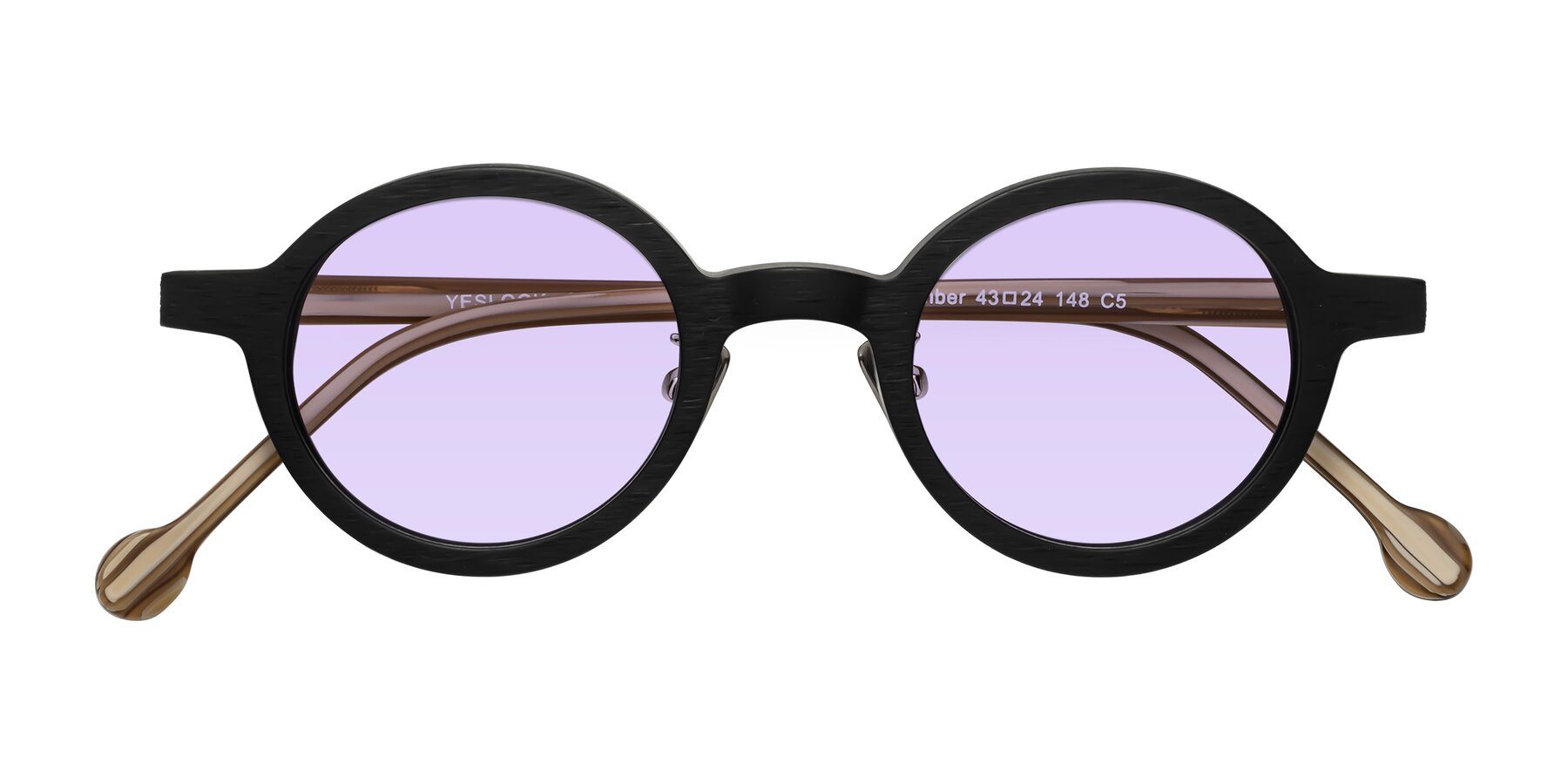 Folded Front of Timber in Black-Sugar Woodgrain with Light Purple Tinted Lenses