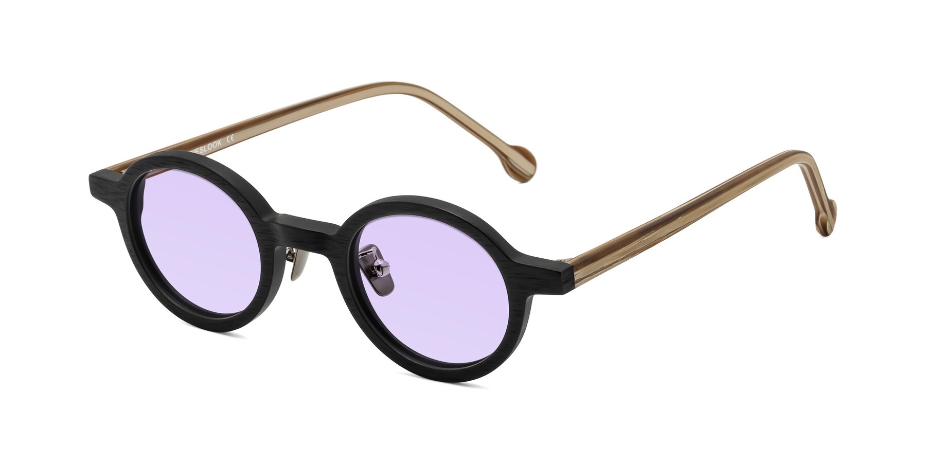 Angle of Timber in Black-Sugar Woodgrain with Light Purple Tinted Lenses