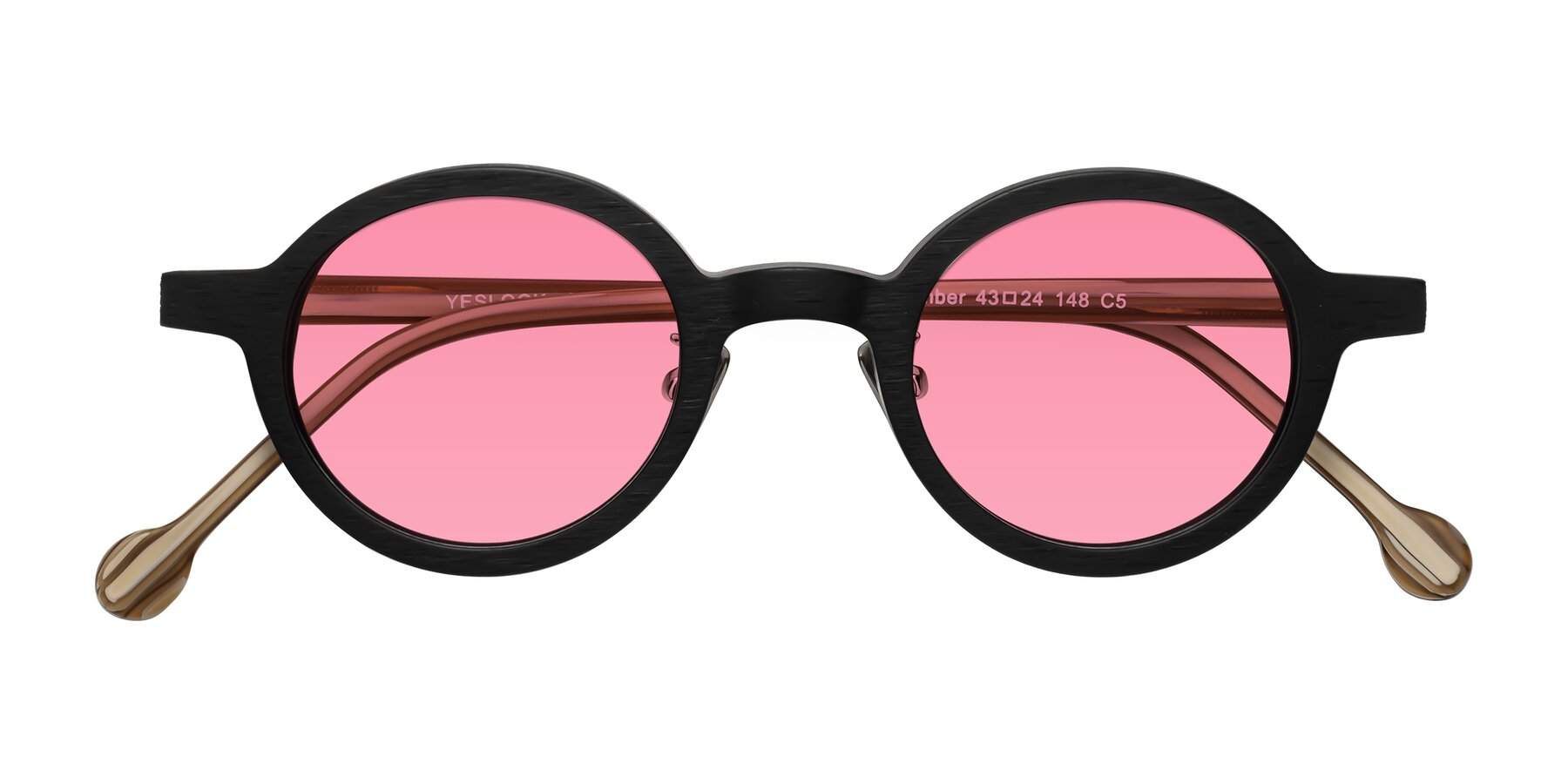 Folded Front of Timber in Black-Sugar Woodgrain with Pink Tinted Lenses