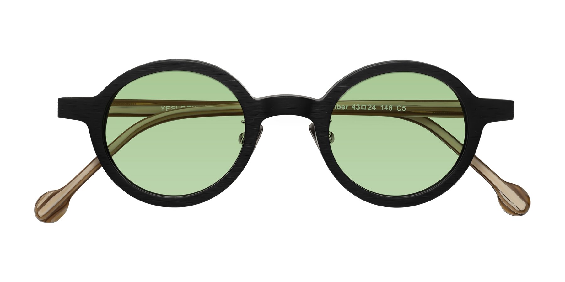 Folded Front of Timber in Black-Sugar Woodgrain with Medium Green Tinted Lenses