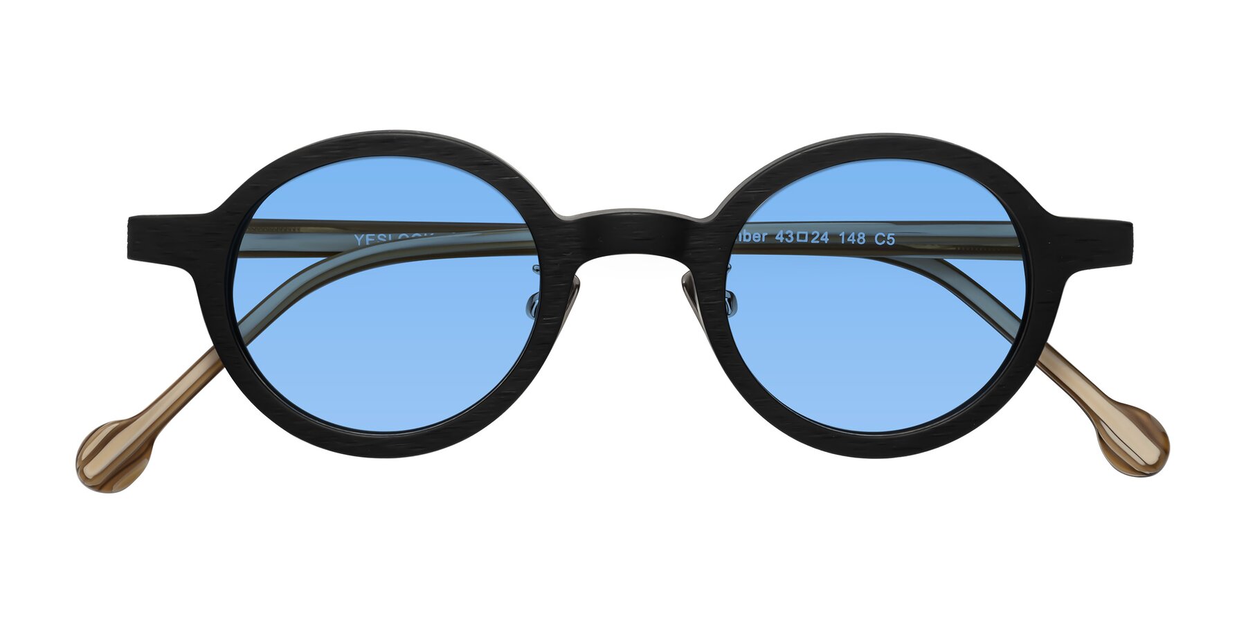 Folded Front of Timber in Black-Sugar Woodgrain with Medium Blue Tinted Lenses