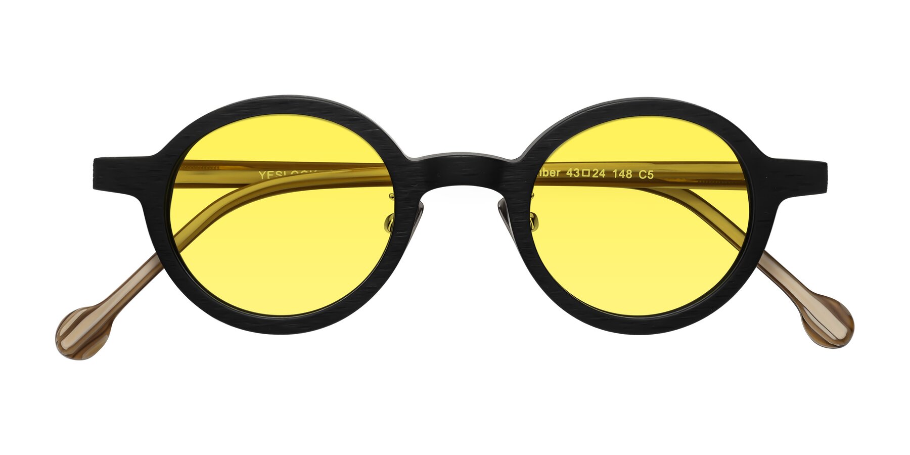 Folded Front of Timber in Black-Sugar Woodgrain with Medium Yellow Tinted Lenses