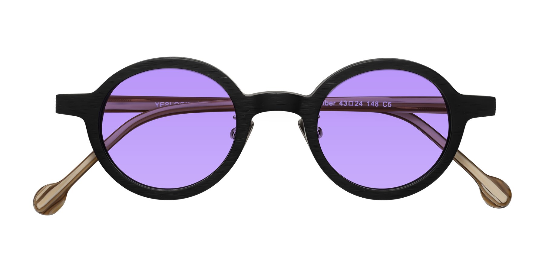 Folded Front of Timber in Black-Sugar Woodgrain with Medium Purple Tinted Lenses