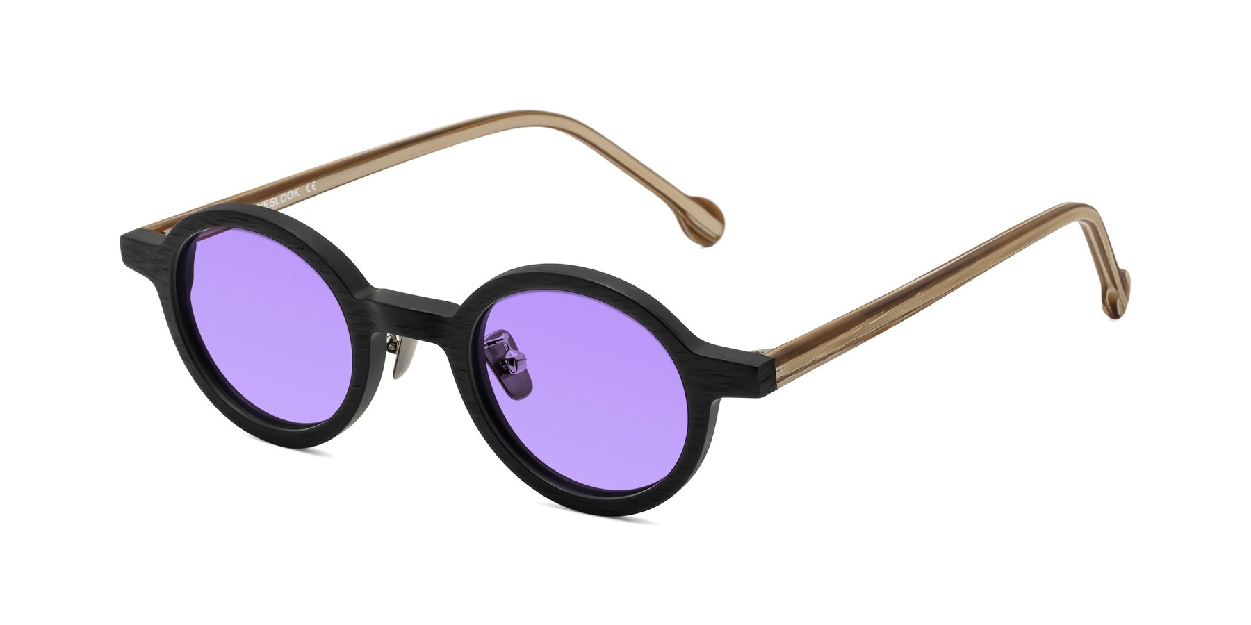 Angle of Timber in Black-Sugar Woodgrain with Medium Purple Tinted Lenses