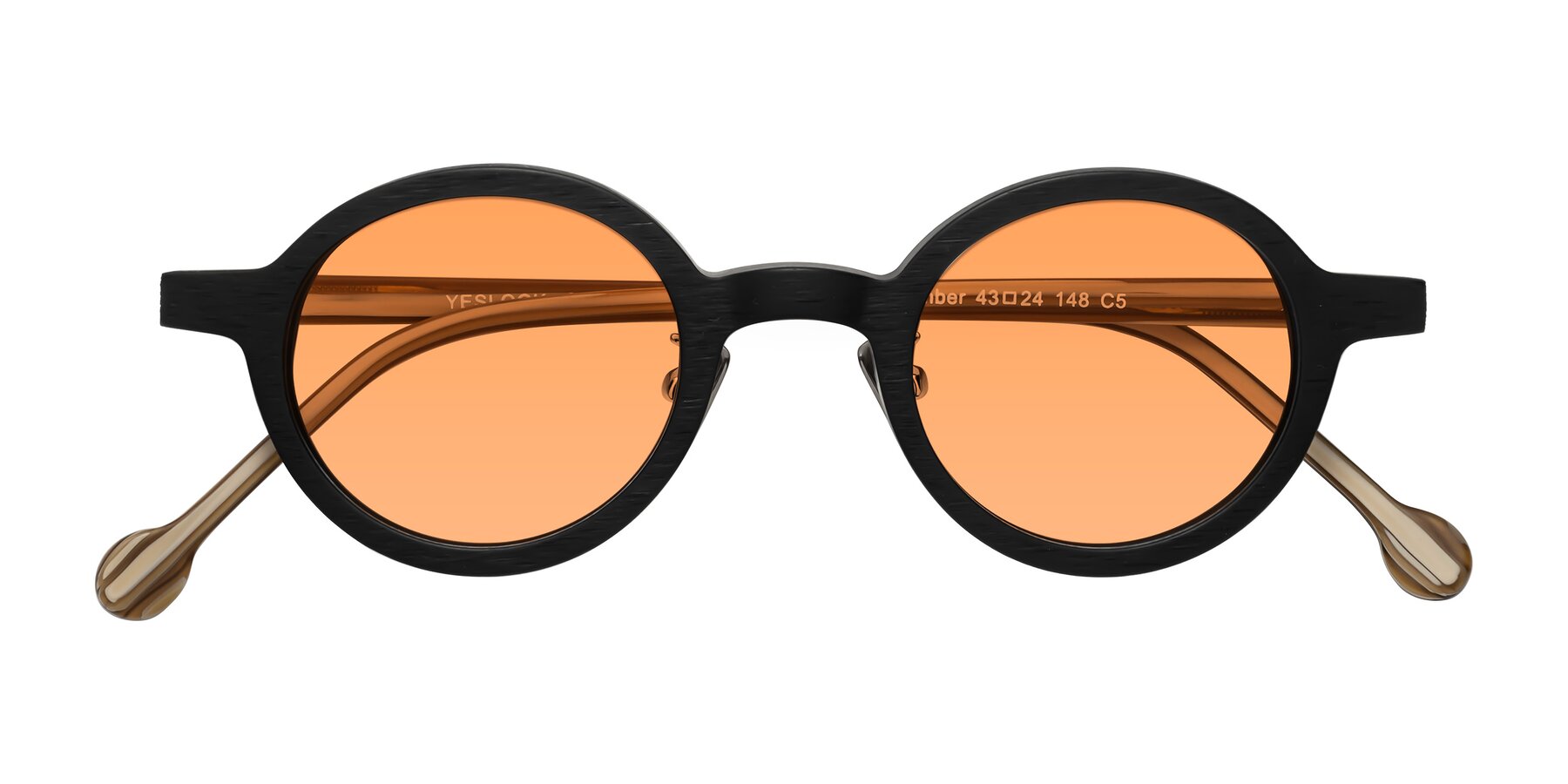 Folded Front of Timber in Black-Sugar Woodgrain with Medium Orange Tinted Lenses