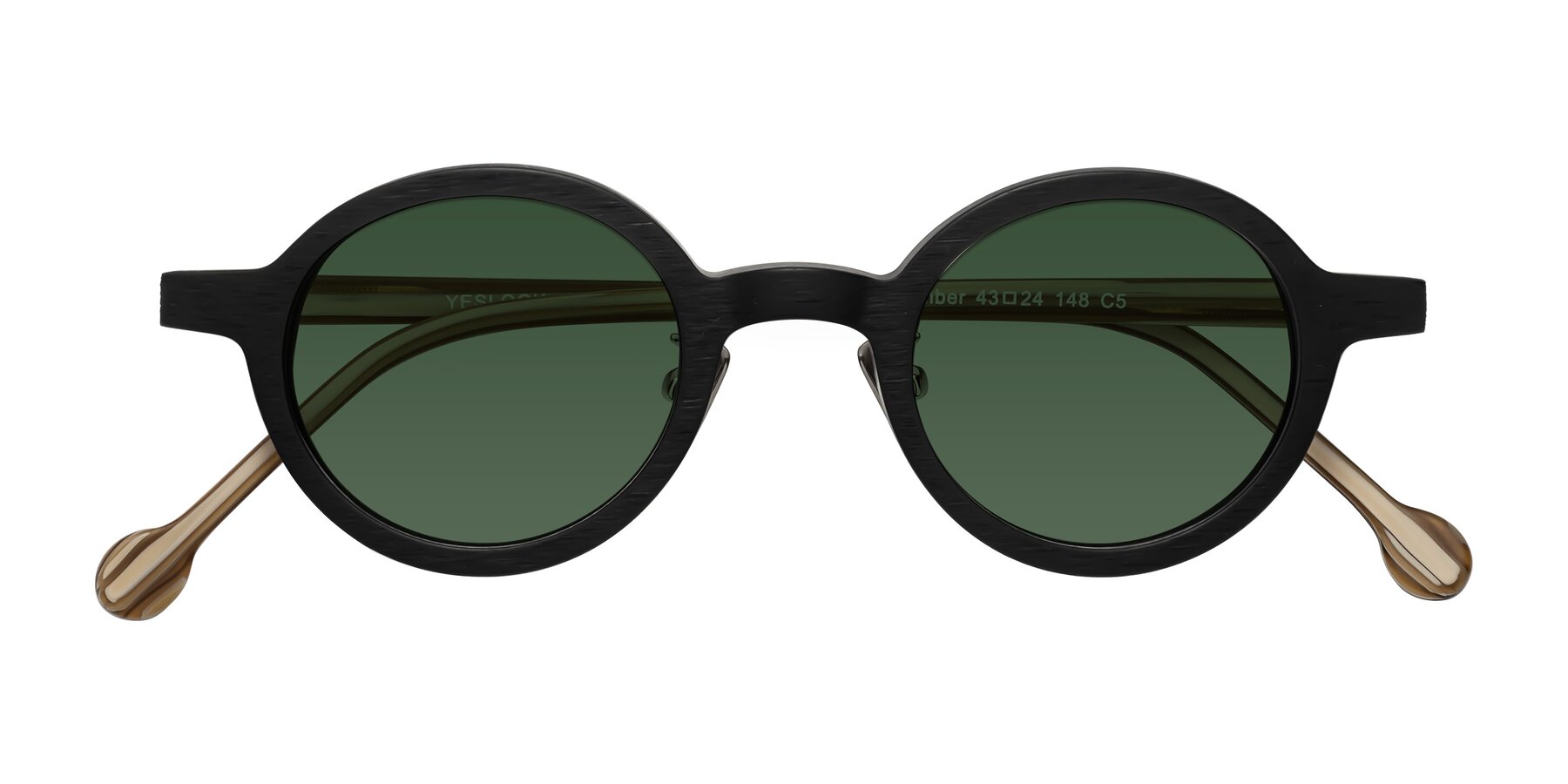 Folded Front of Timber in Black-Sugar Woodgrain with Green Tinted Lenses