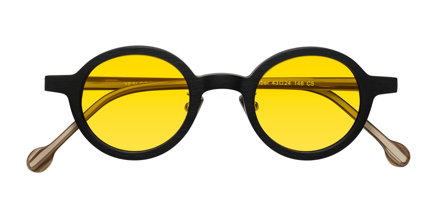 Folded Front of Timber in Black-Sugar Woodgrain with Yellow Tinted Lenses