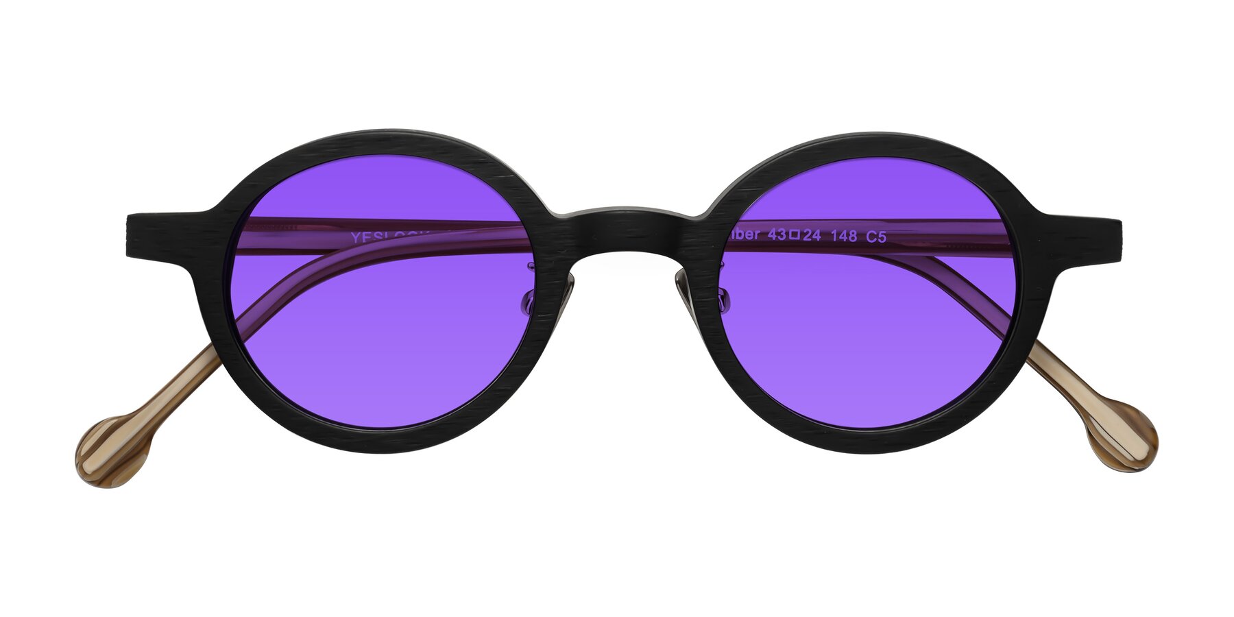 Folded Front of Timber in Black-Sugar Woodgrain with Purple Tinted Lenses