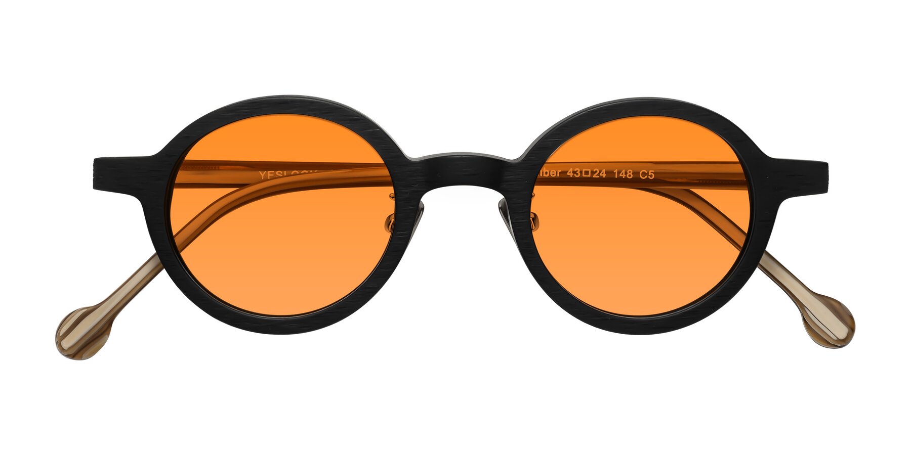 Folded Front of Timber in Black-Sugar Woodgrain with Orange Tinted Lenses