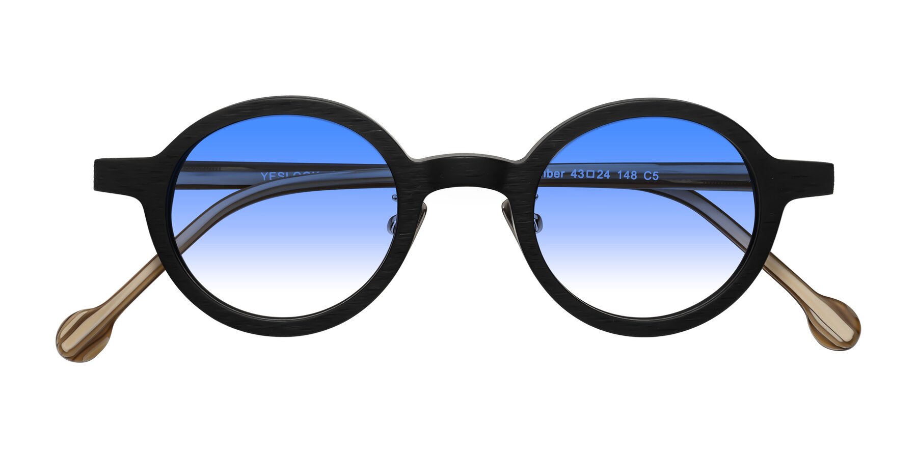 Folded Front of Timber in Black-Sugar Woodgrain with Blue Gradient Lenses