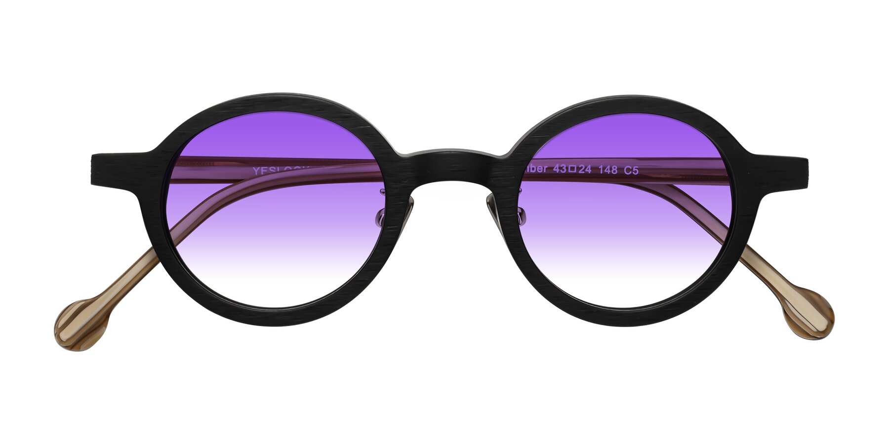 Folded Front of Timber in Black-Sugar Woodgrain with Purple Gradient Lenses