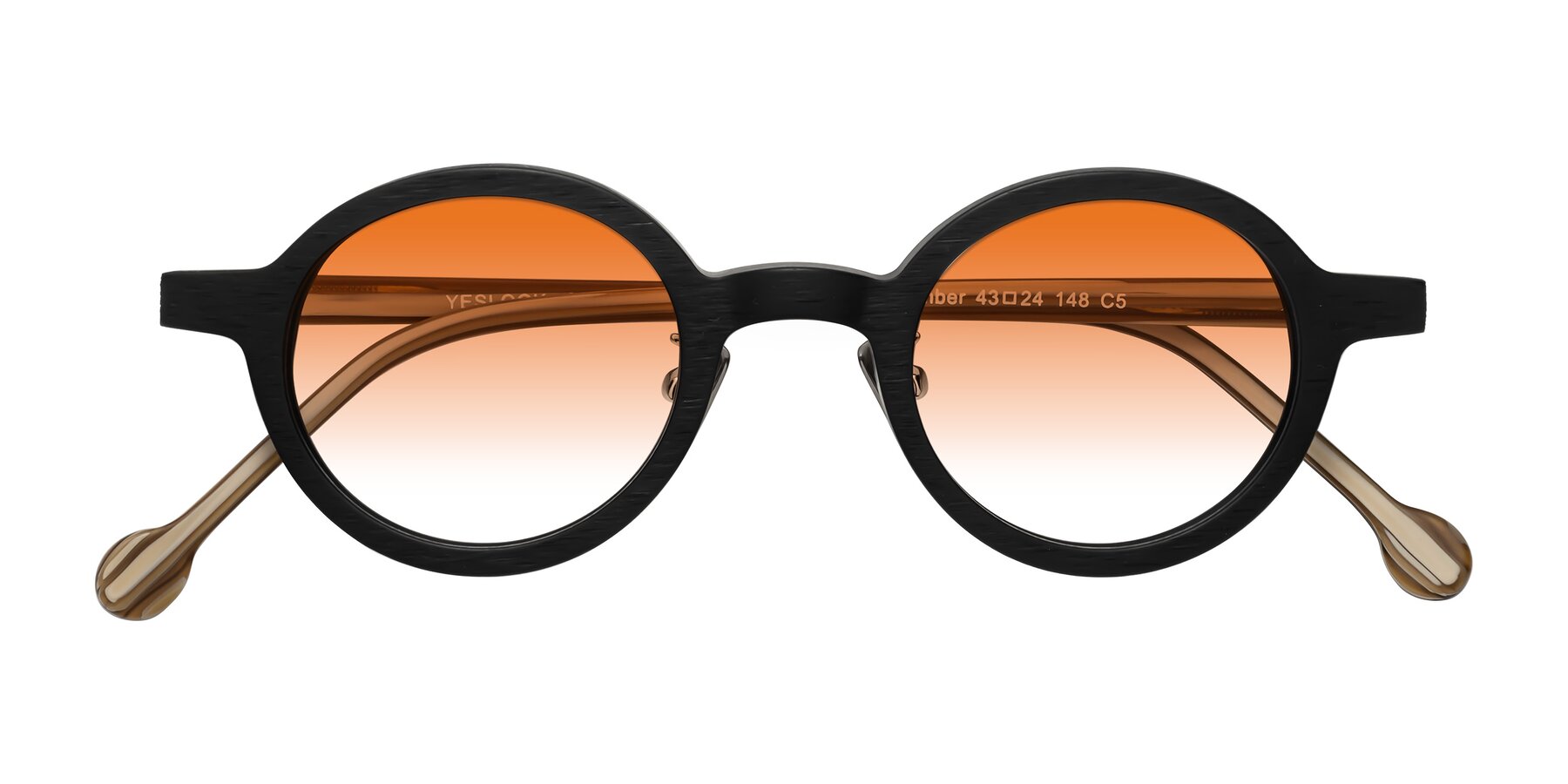 Folded Front of Timber in Black-Sugar Woodgrain with Orange Gradient Lenses